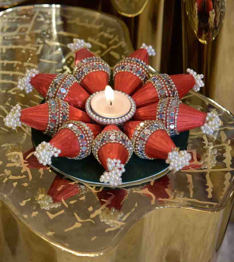 Premsons® Red Velvet Conework Diya – Regal Tealight Holder with Gem Detailing