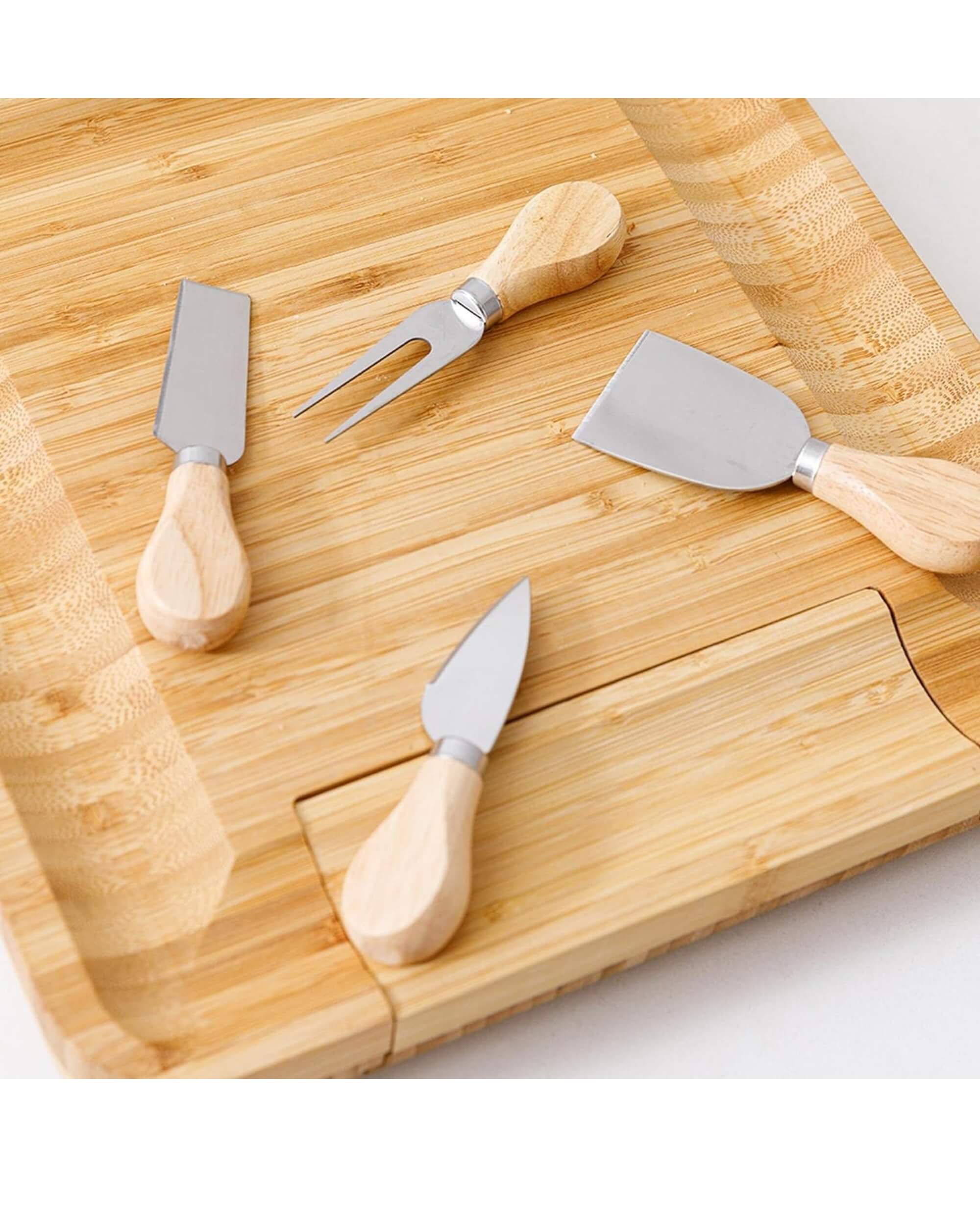 Premsons® Bamboo Cheese Board & Knife Set - Includes 4 Knives + 4 Forks + Ceramic Bowl Set -Charcoal Slate Chalk Marker Cutlery Slide Out Drawer -Ideal for Home Dinner Special Occasions