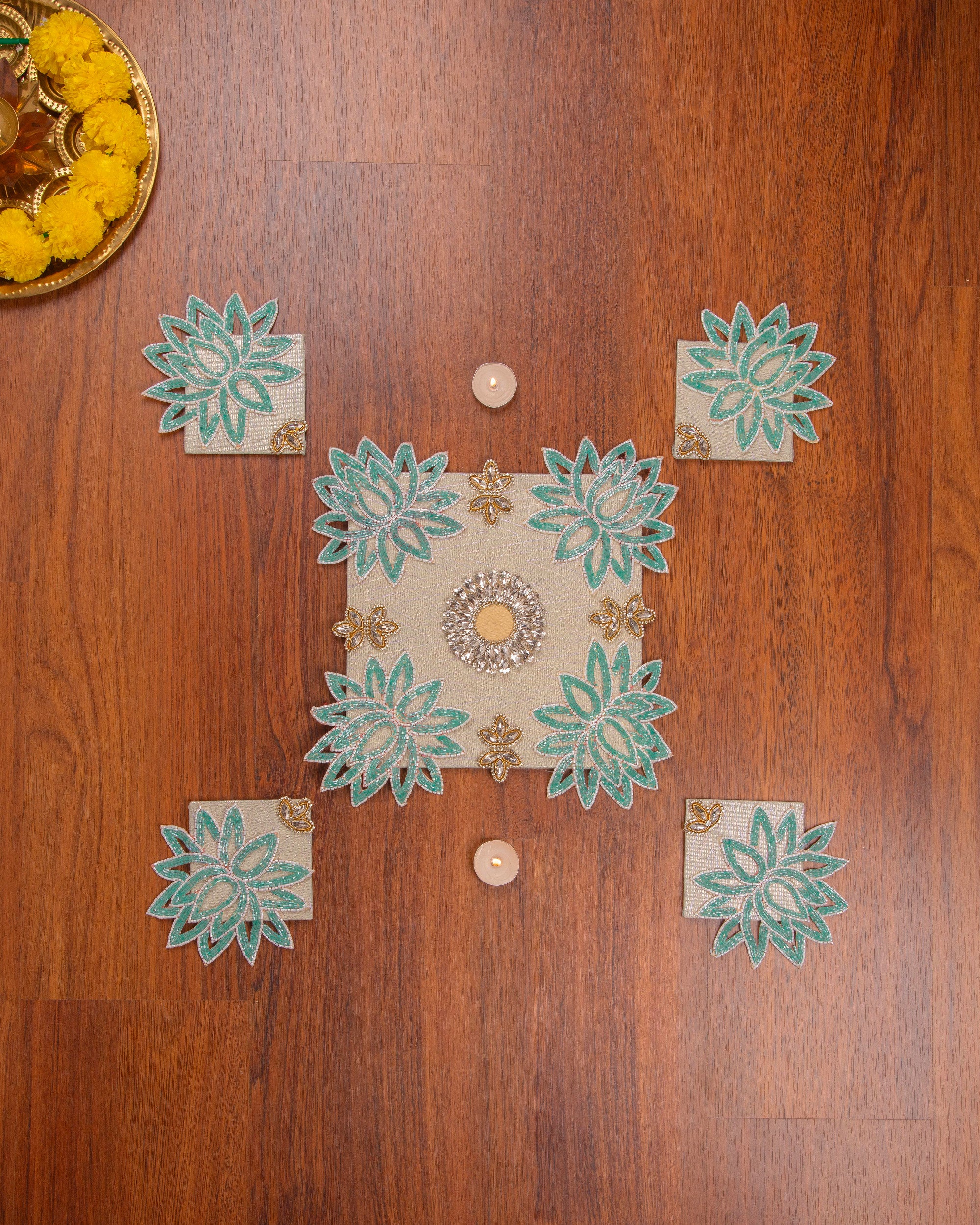 Premsons® Readymade Blue Beaded Rangoli Set of 5 – Decorative Floor Art for Diwali, Pooja & Festive Home Décor