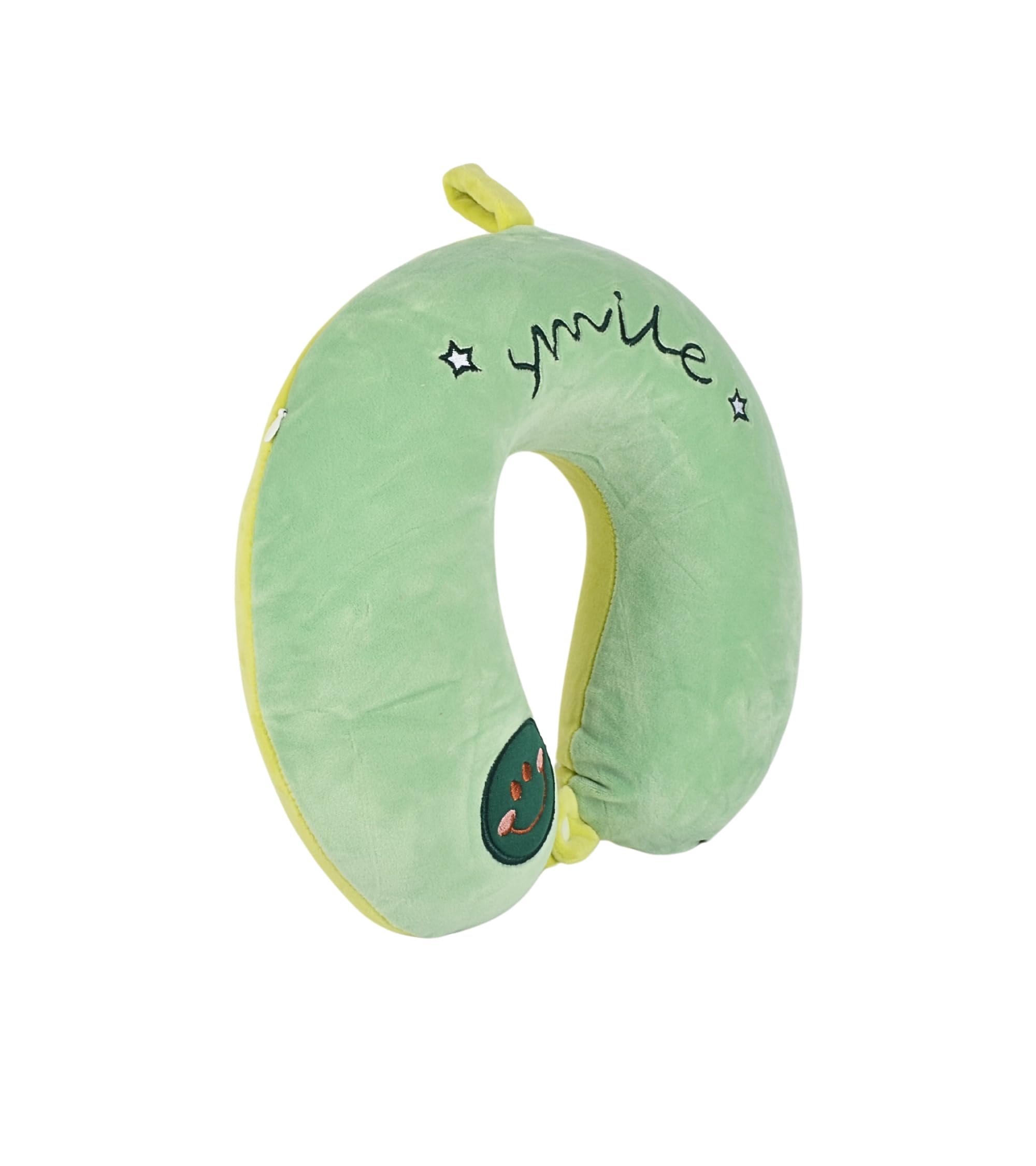 Cushy® Travel Neck Pillow with 360-Degree Head Support - Memory Foam Luxury Soft Pillow for Sleeping Rest - Home Travel Airplane Car - Smiley Printed, Green