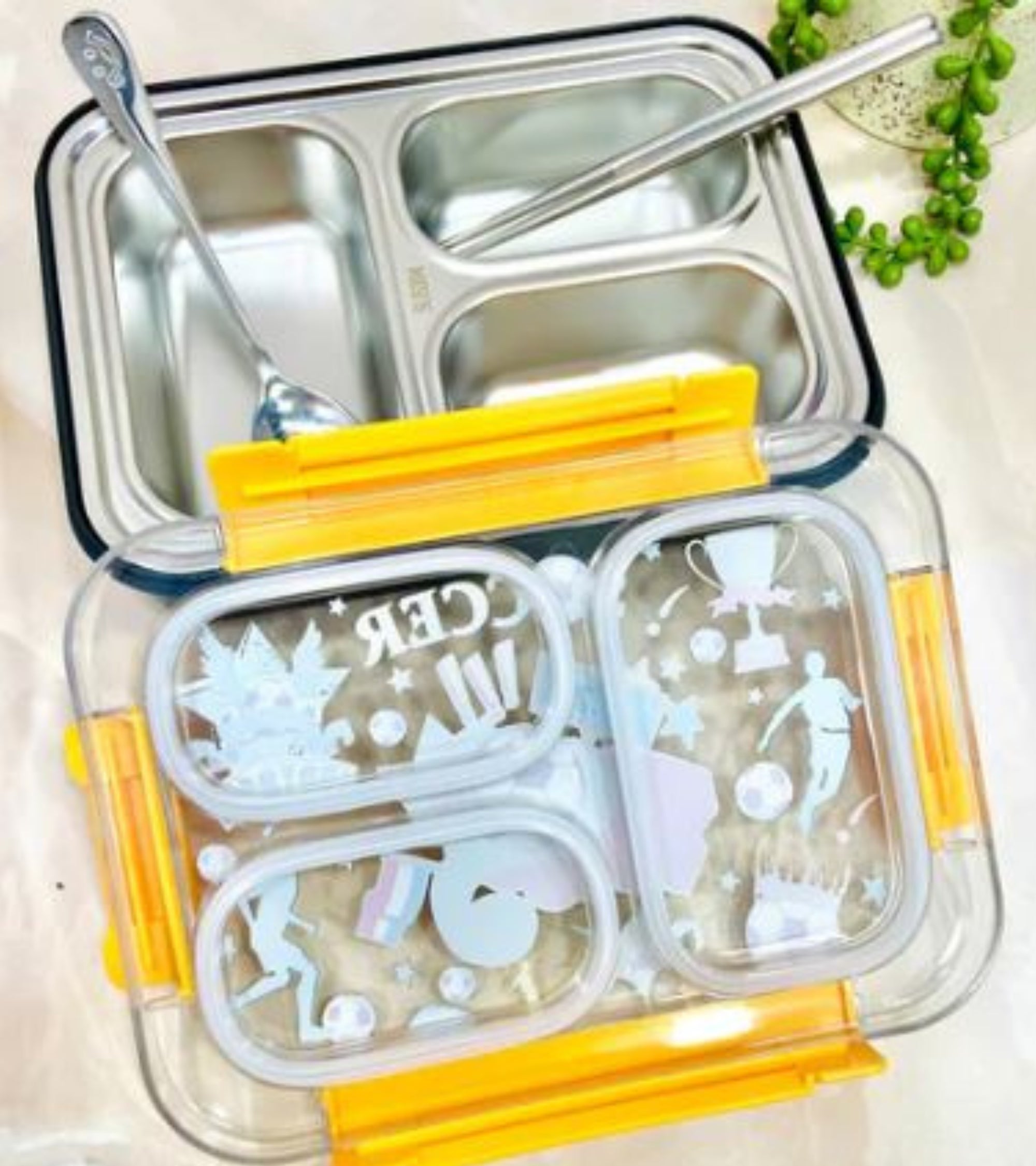 Premsons® Kids' Stainless Steel Lunch Box with 3 Compartments – Leak-Proof Tiffin Box with Fun Soccer-Themed Lid & Locking Clips | Includes Spoon & Chopsticks | Ideal for School & Travel