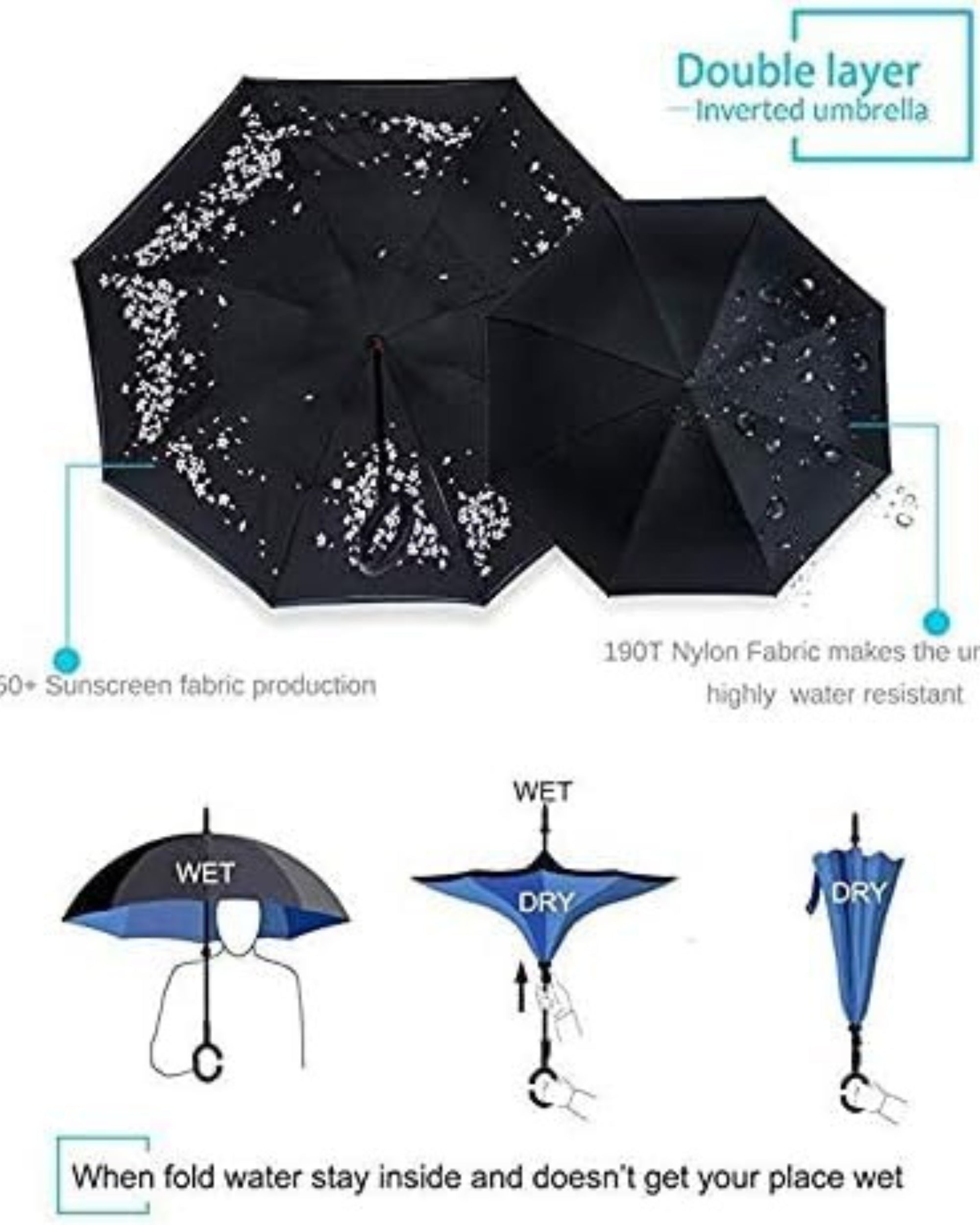 Upside Down® Windproof Inverted Umbrella – Double Layer Rain Umbrella with Floral Print | C-Shaped Handle for Hands-Free Use – Reverse Folding for Car & Travel