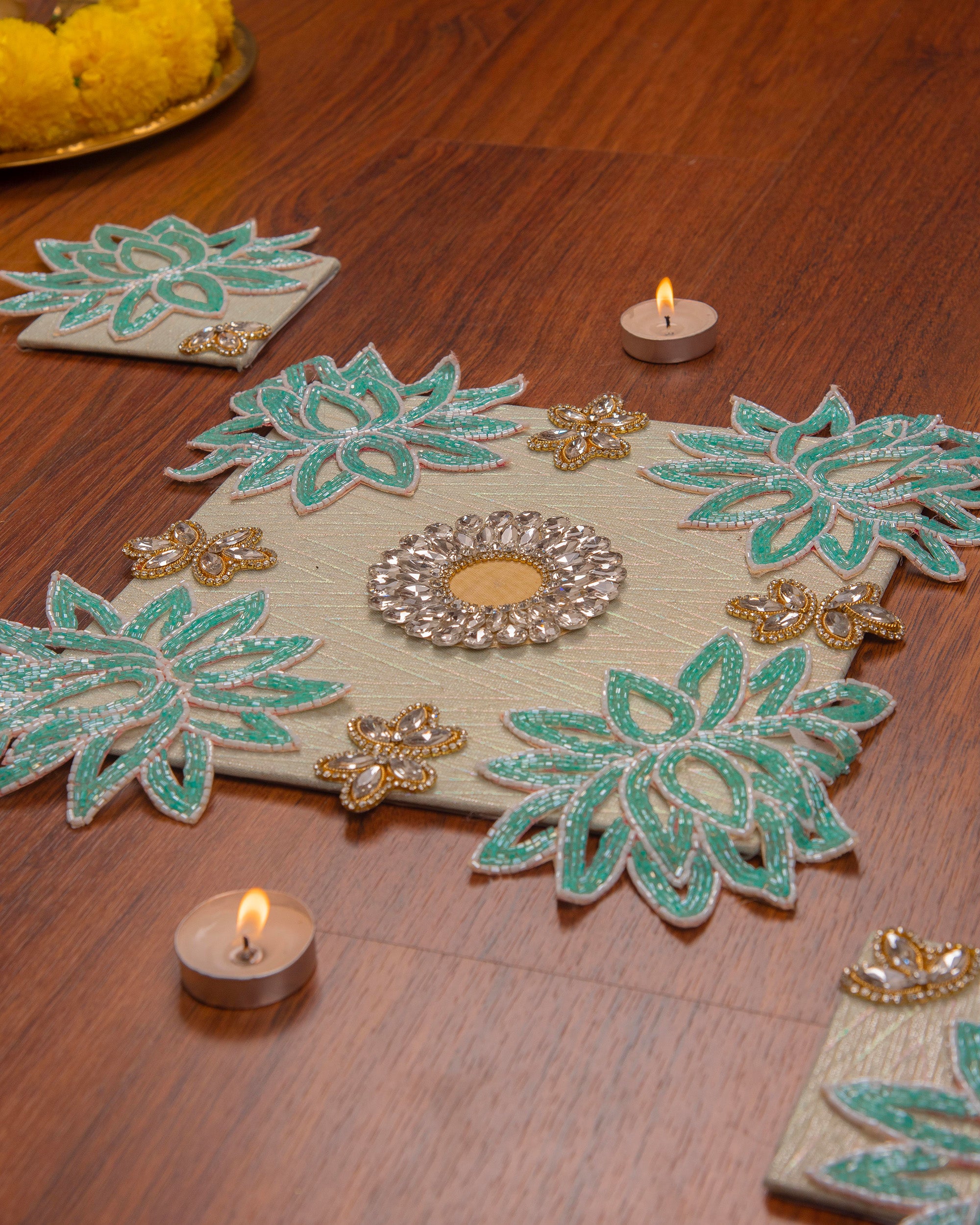 Premsons® Readymade Blue Beaded Rangoli Set of 5 – Decorative Floor Art for Diwali, Pooja & Festive Home Décor
