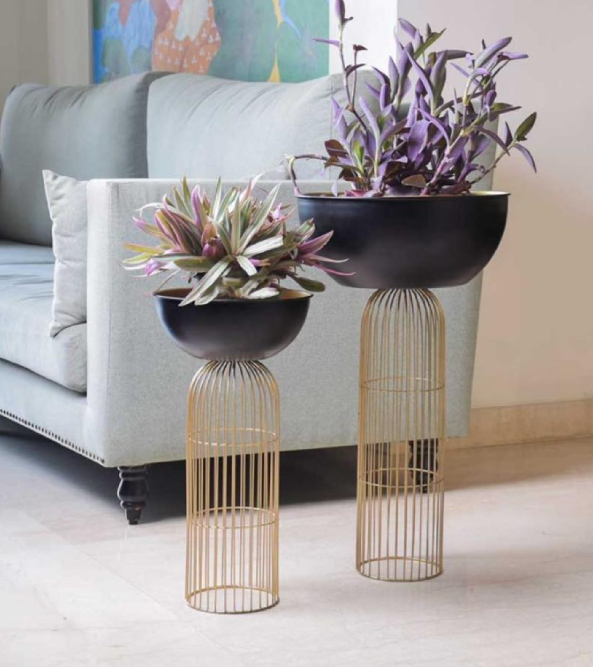 Premsons® Modern Metal Planter Stand Set – Black Pots with Tall Gold Stands for Indoor Décor (Set of 2 – 32 cm & 34 cm, Without Plant) – Decorative Plant Holders