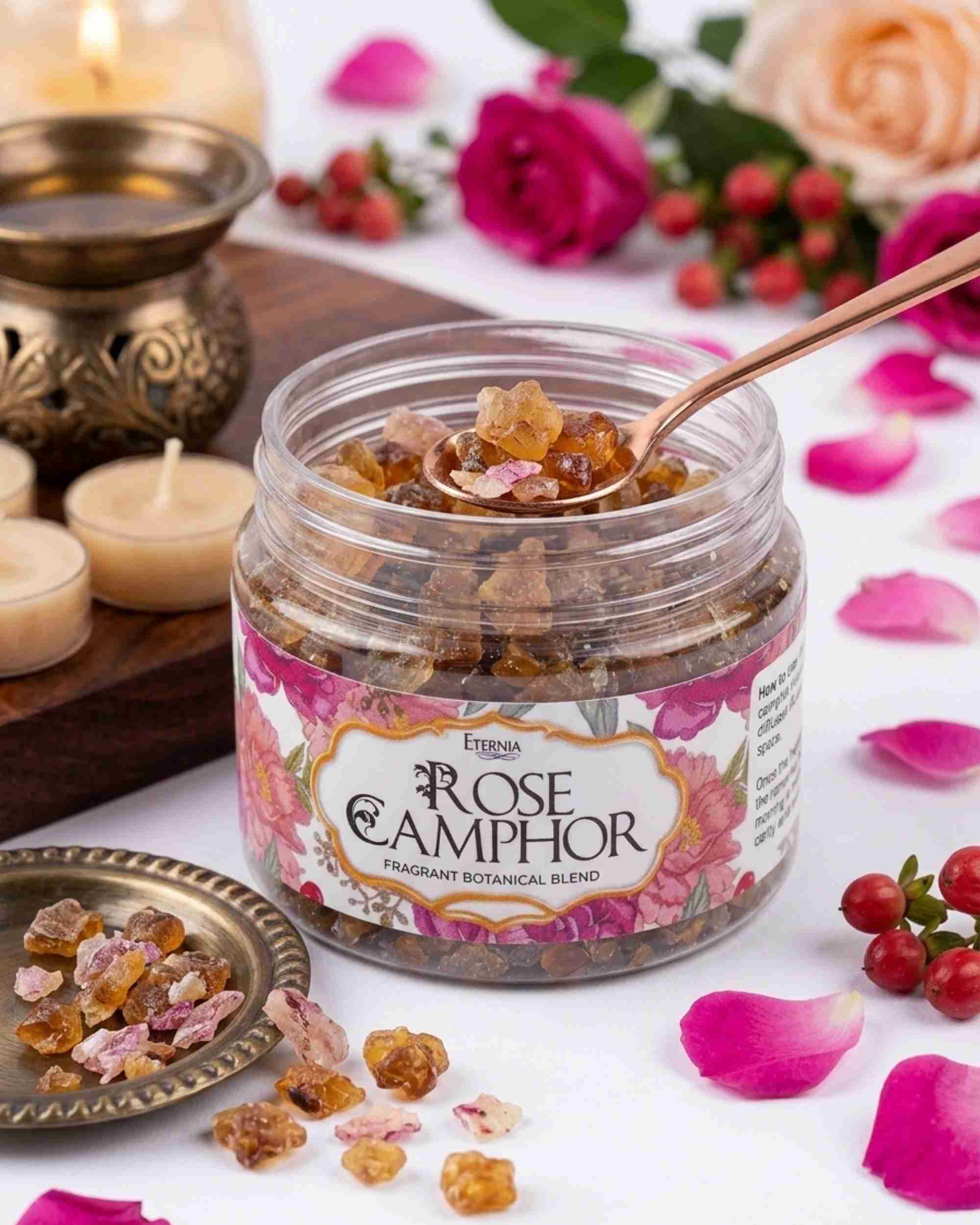 Eternia® Rose Camphor 50g – Premium Floral Fragrance Kapoor for Pooja, Meditation & Home Aromatherapy, Long-Lasting Pure Camphor Crystals