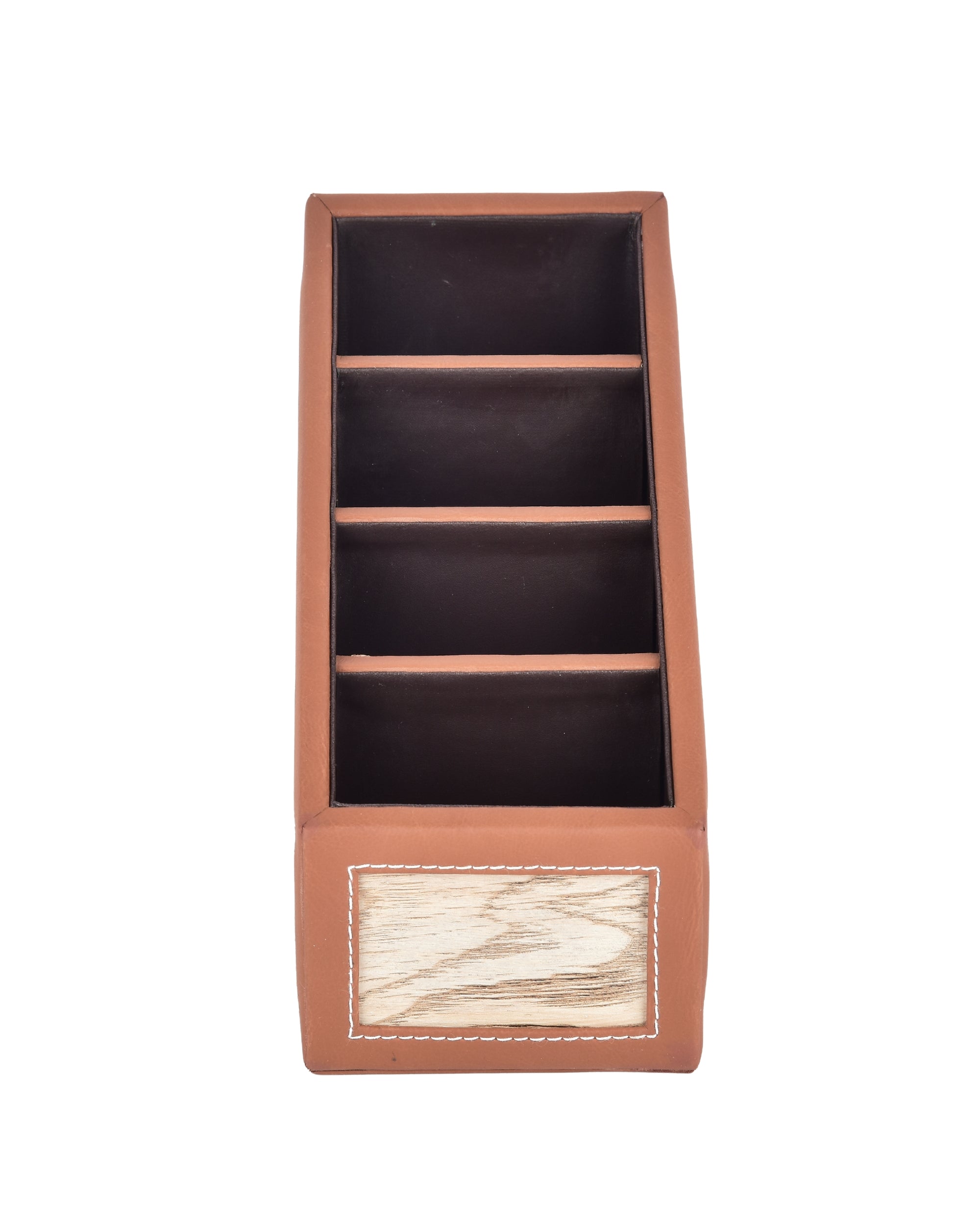 Premsons® Remote Holder Artificial Leather with Wooden Finish – 4 Section Tabletop Organizer for TV, AC & Office Desk Accessories – Compact & Stylish Storage Solution for Home & Office