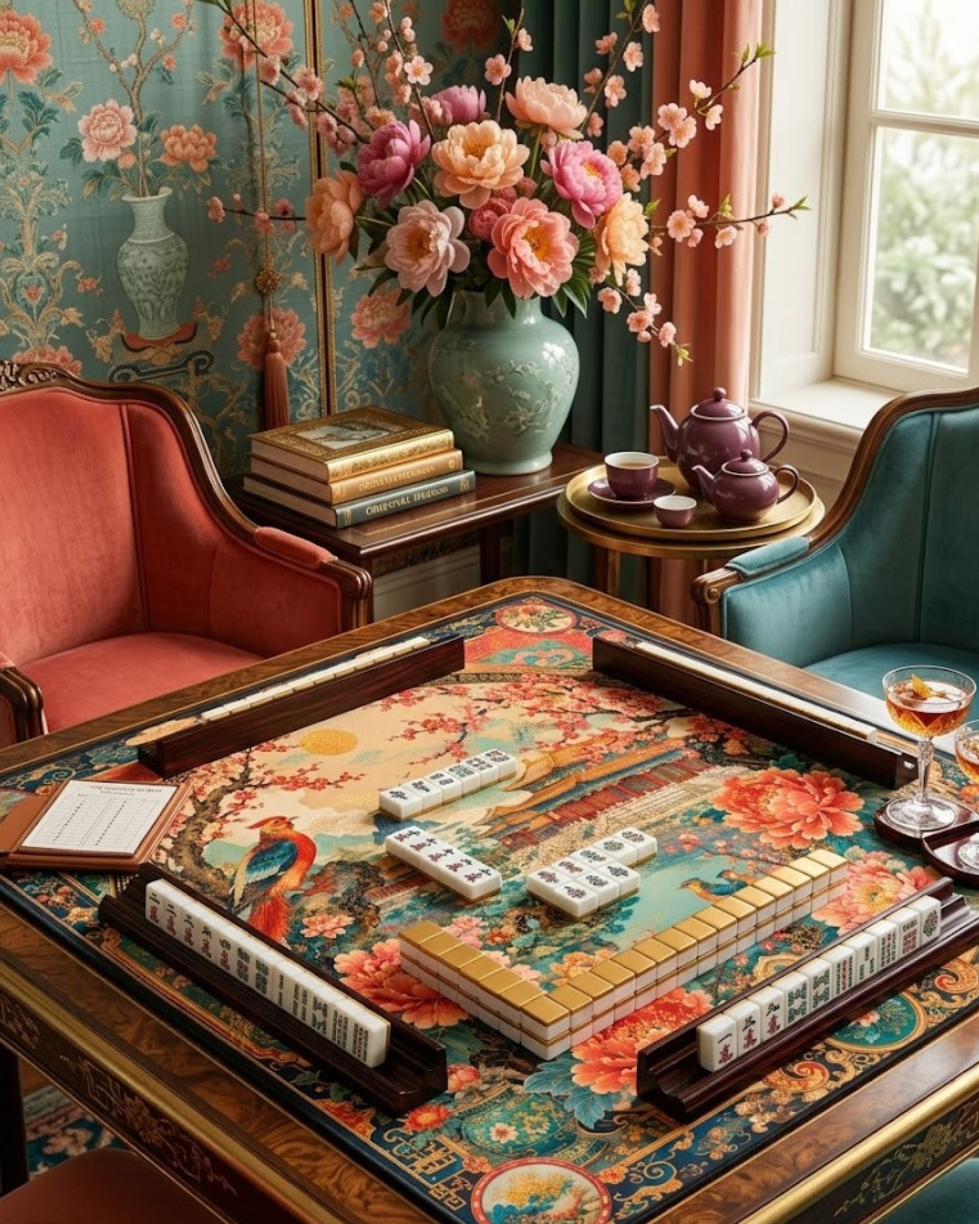 Premsons® Imperial Blossom Mahjong Mat – Luxury Oriental Mahjong Table Cover with Palace Garden, Peonies, Phoenix Bird & Cherry Blossom Artwork, Foldable Non-Slip Playing Mat for Game Night & Travel