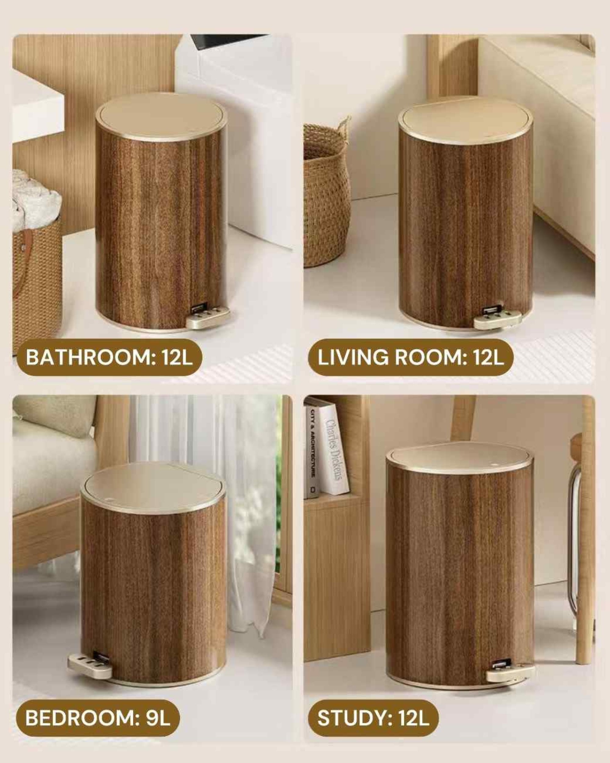 Premsons® Cylindrical Round Dustbin – Stylish Wood Effect Garbage Bin for Home, Office, Kitchen & Bathroom Waste Disposal