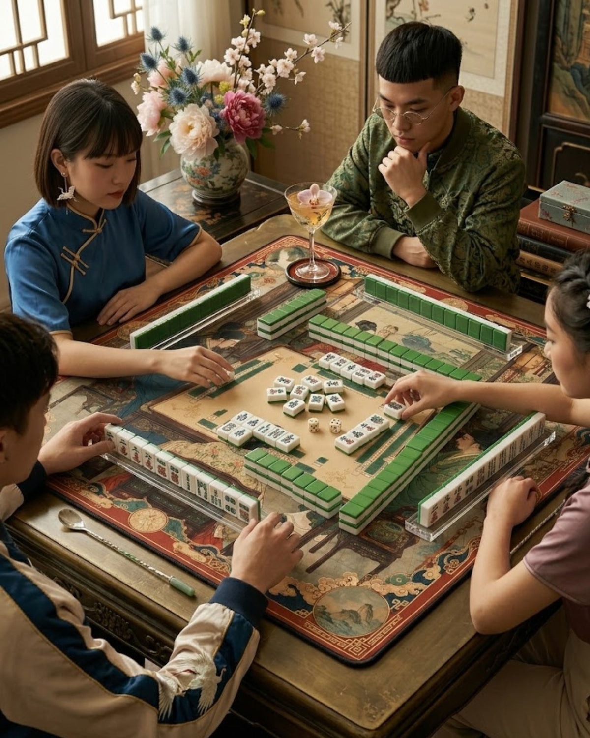 Oriental mahjong table cover with palace design, green playing area, and raised borders