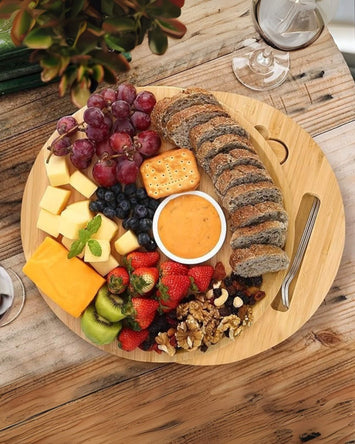 Premsons® Bamboo Cheese Board & Knife Set - Includes 6 Knives + 4 Forks Set - Circle Serving Tray for Snacks Appetizers Cheese Fruits Crackers - Ideal for Home Dinner Special Occasions