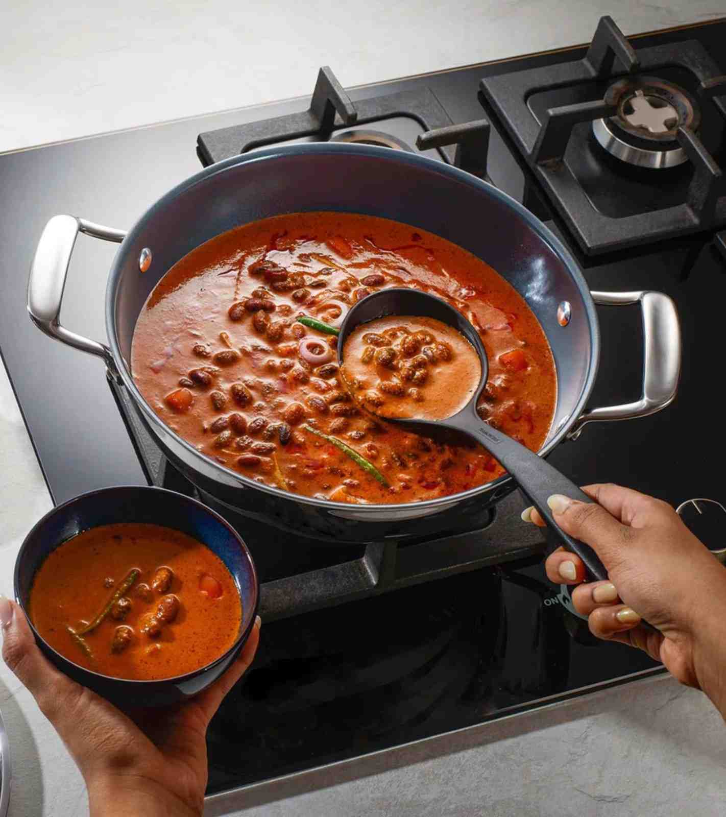 Fusao EX+ 26cm Triply Ceramic Kadai with SS Lid