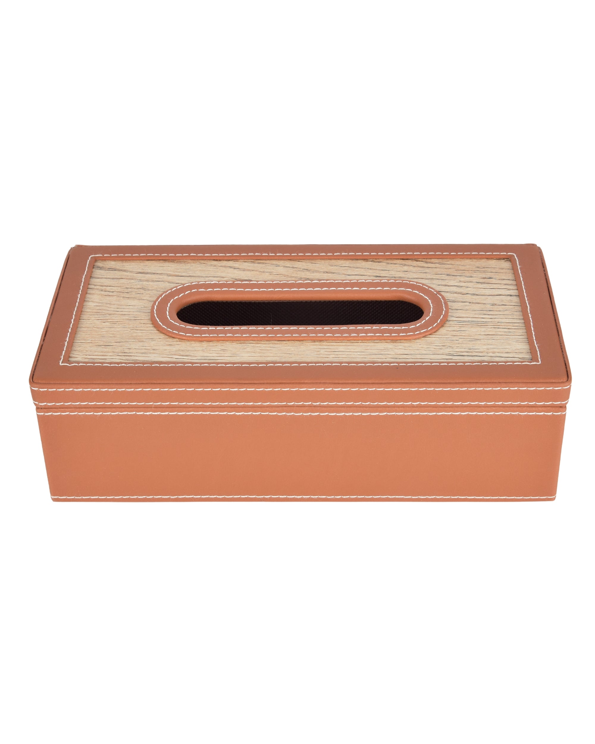 Premsons® Classic Rectangular Tissue Holder – Elegant Leatherette Tissue Box with Wooden Top Finish for Home, Office & Car – Stylish, Durable & Functional Tissue Dispenser for Everyday Use(Orange)