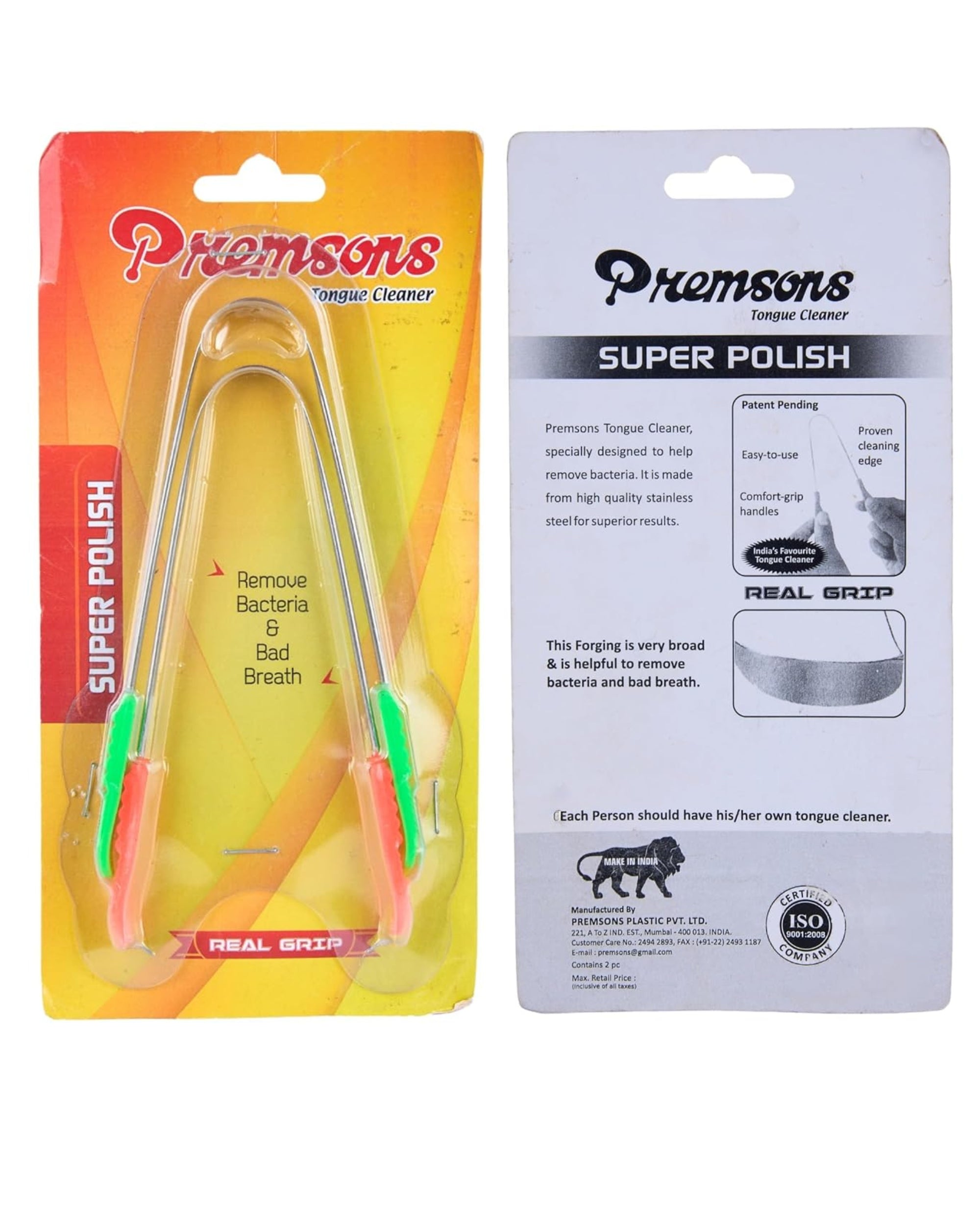 Premsons® Stainless Steel Tongue Cleaner with Soft Ergonomic Grip Handles – Premium Super Polish Oral Hygiene Scraper for Fresh Breath – Flexible, Strong, Rust-Free – Assorted Colour Options – Pack of 2