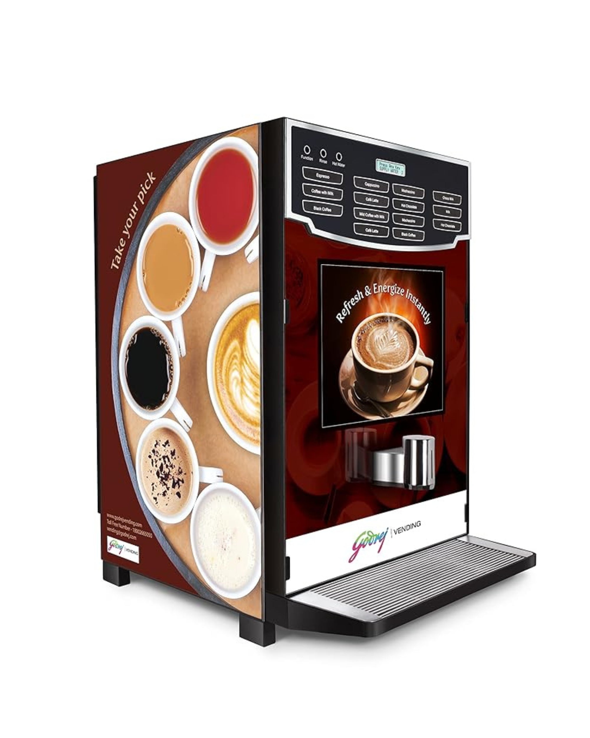 GODREJ VENDING Minifresh 6500 Tea & Coffee Vending Machine | 6 Canister | Premix-Based | 12-Option Settable Keypad | Automatic Hot Beverage Dispenser for Home, Office & Commercial Use