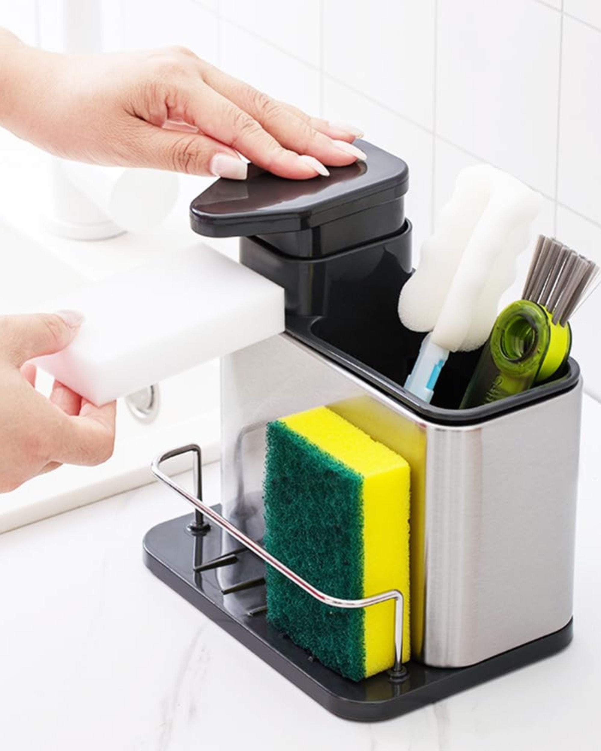 Premsons® Stainless Steel Kitchen Sink Organizer Rack with Soap Dispenser - 2 in 1 Sponge Holder, Dishwashing Liquid Dispenser & Storage Stand