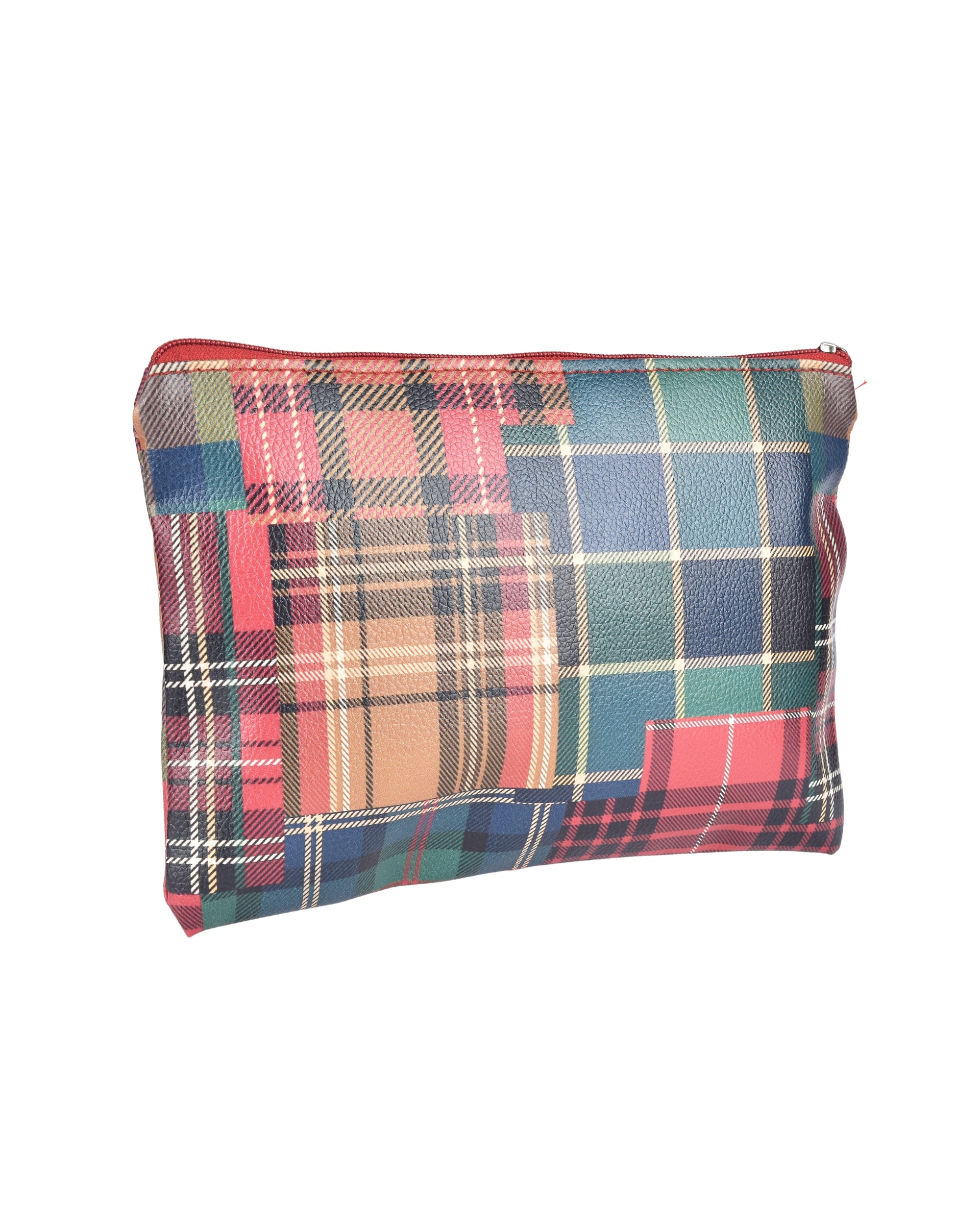 Eternia® Multipurpose Organizer Pouch – Tartan Printed Artificial Leatherette Cosmetic & Stationery Bag for Travel, Office & Daily Use