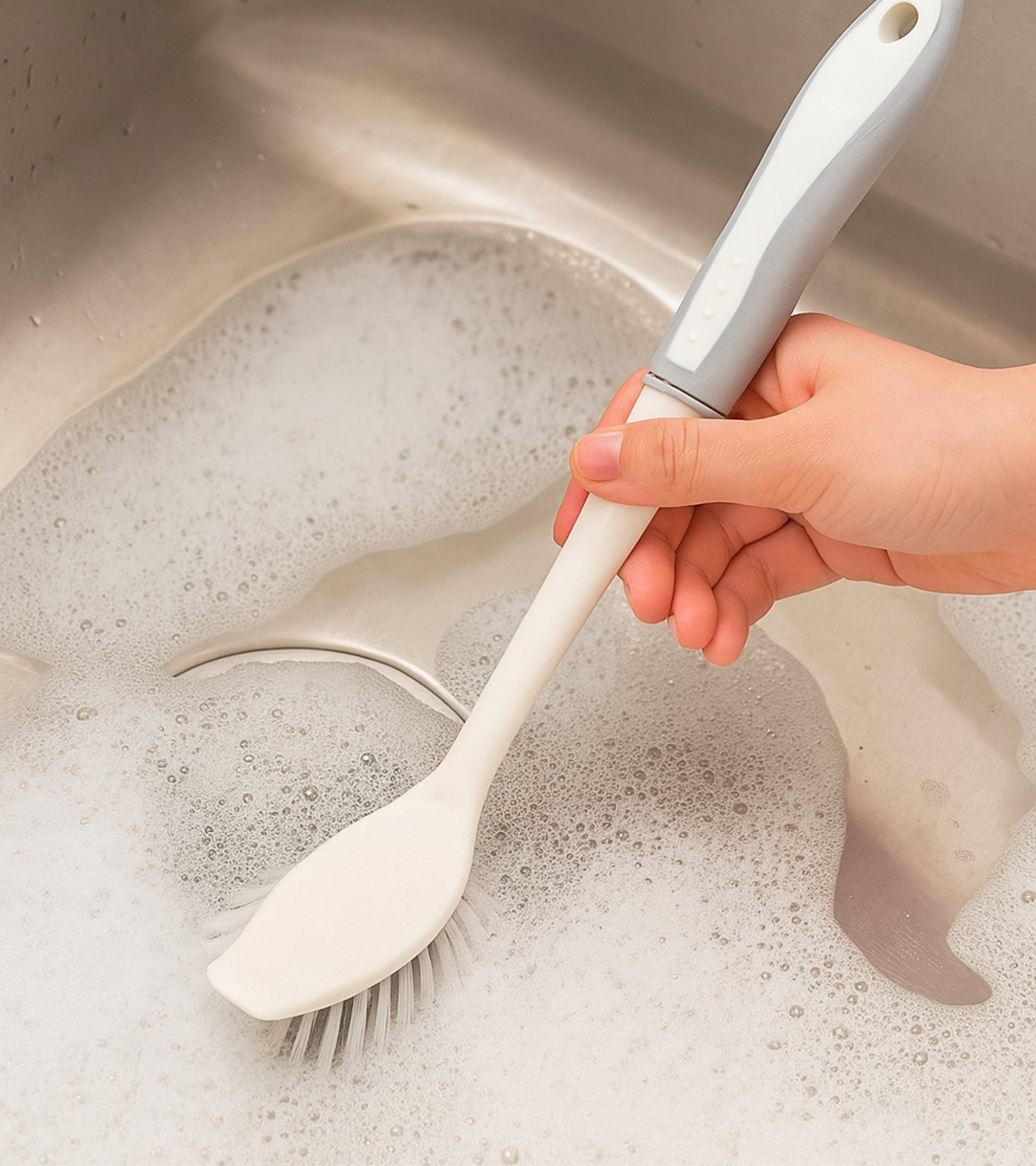 Premsons® Handle Dish & Sink Cleaning Brush – Non-Scratch Bristles for Utensils, Kitchen Sink, Tiles & Bathroom Cleaning (White/Grey)