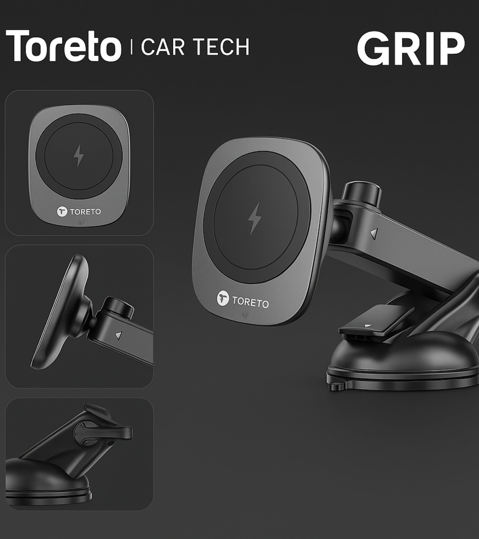 Toreto Magnetic Wireless Car Mobile Holder with Fast Charging | Adjustable Arm & 360° Rotation | Strong Suction Mount for Dashboard & Windshield | Compatible with MagSafe Devices