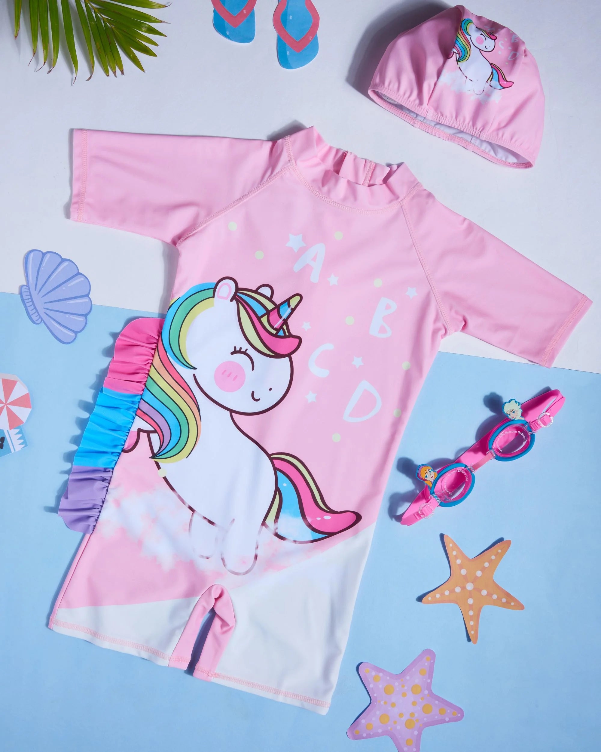 Premsons® Children's One-Piece Swimwear – Half Sleeve & Shorts Length Swimming Costume with Matching Cap - Unicorn - Light Pink