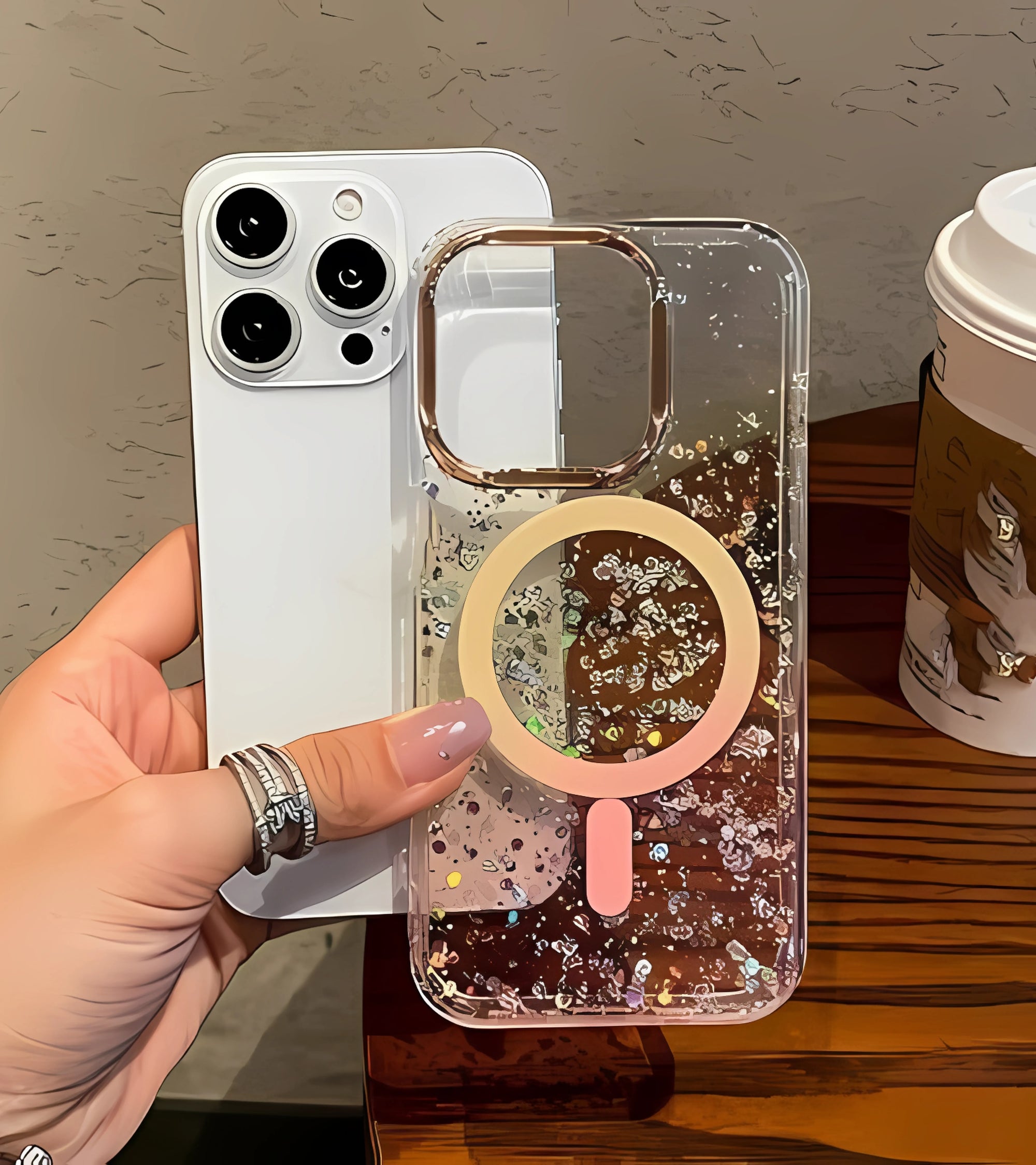 Premsons® Glitter Transparent Case with Magnetic Ring Design for iPhone 14 Pro – Stylish Shockproof Bling Back Cover for Girls & Women