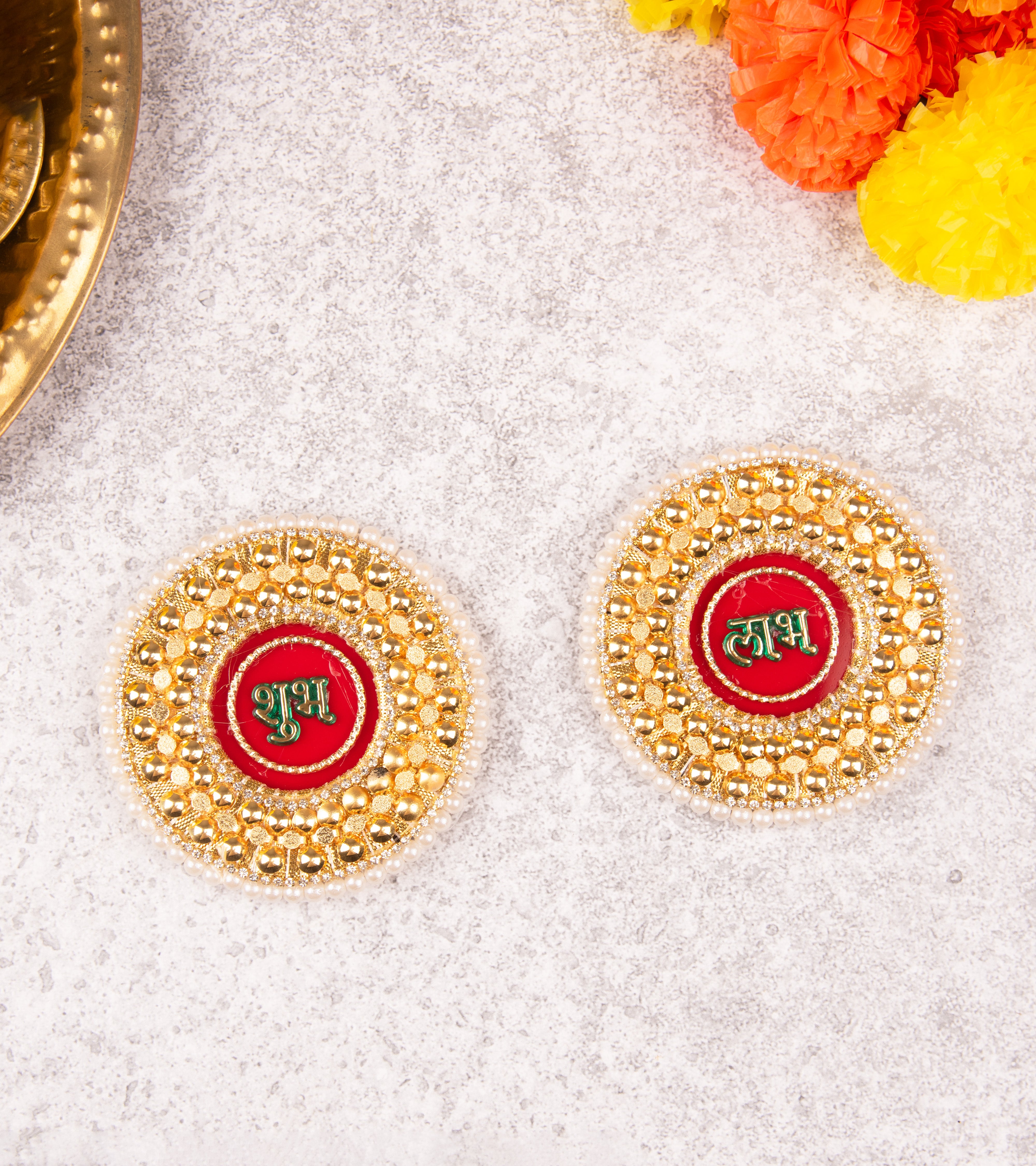 Premsons® Heavy Design Golden Round Shubh Labh Sticker – Premium Wall & Door Décor for Pooja, Diwali & Festive Home Decoration