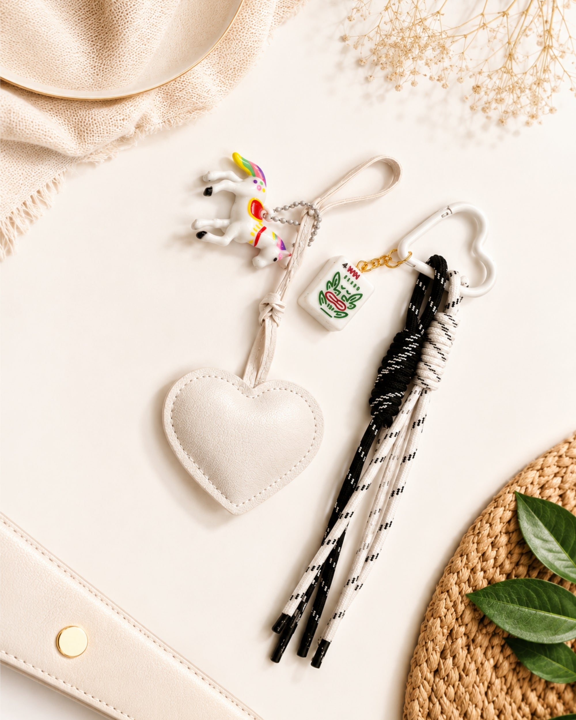 Premsons Mahjong Keychain – Elegant Heart Charm with Mahjong Tile & Braided Tassel