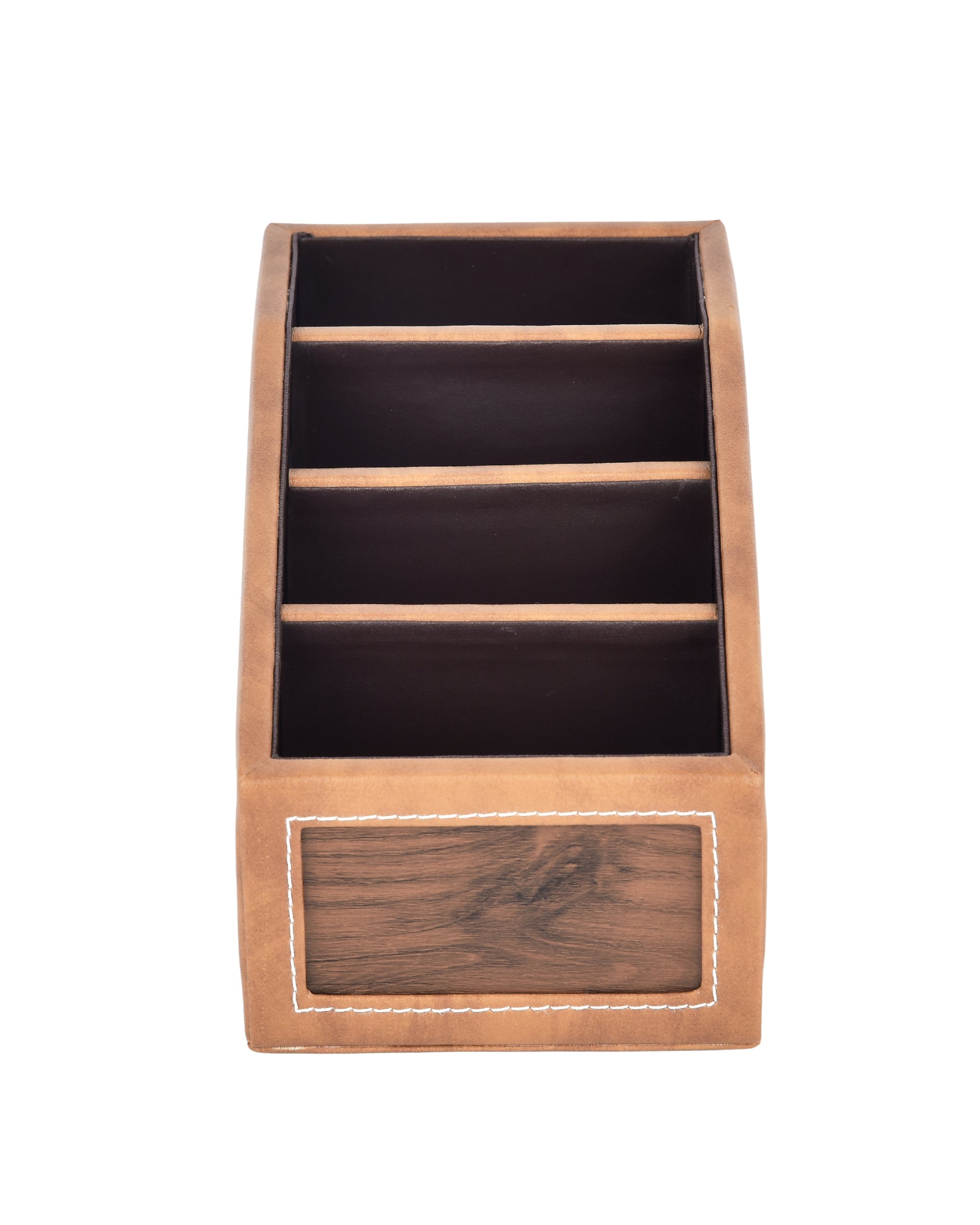 Premsons® Classic Remote Holder – 4 Section Tabletop Organizer in Light Brown | Faux Leather with Refined Wooden Finish | Decorative & Practical Organizer