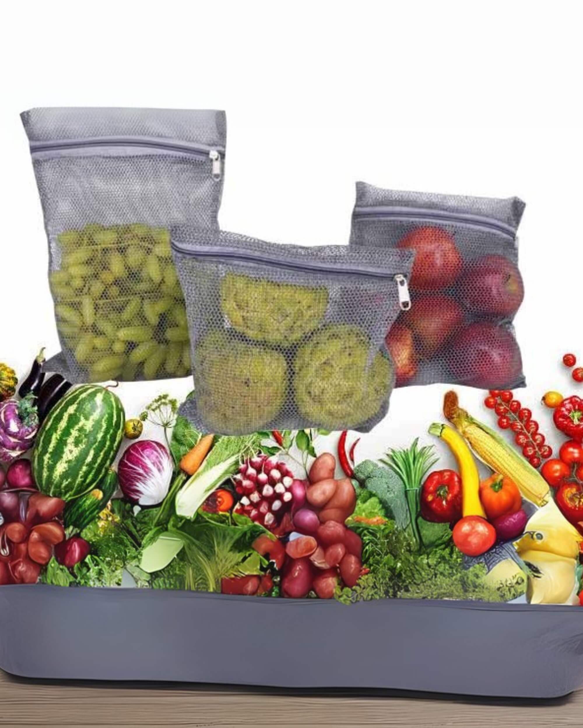 Premsons® Fridge Organiser - Reusable Layer Mesh Net Multipurpose Vegetable Bags for Fridge Storage - Kitchen Storage Bags Organizer with Sturdy Zipper - Pack of 6 Pcs - 2 pcs per size - Grey