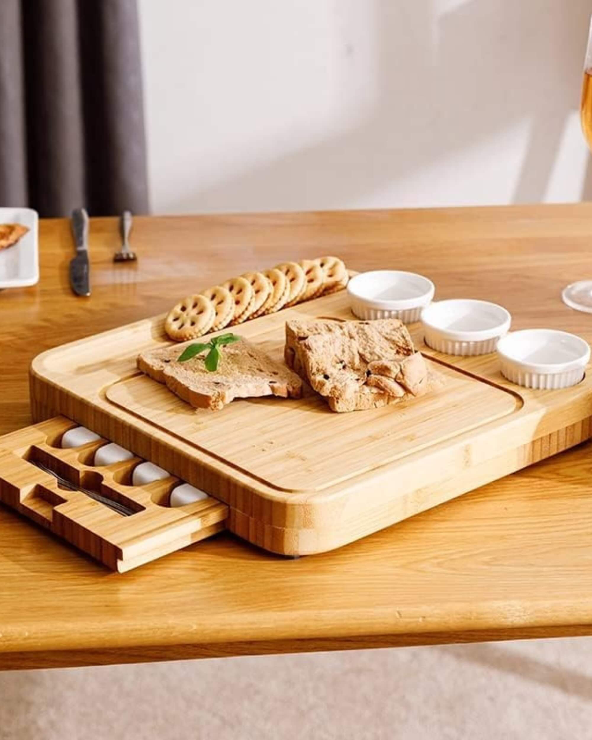 Premsons® Bamboo Cheese Board & Knife Set - Includes 4 Knives + 4 Forks + Ceramic Bowl Set -Square Serving Tray for Snacks Appetizers Cheese Fruits Crackers - Ideal for Home Dinner Special Occasions