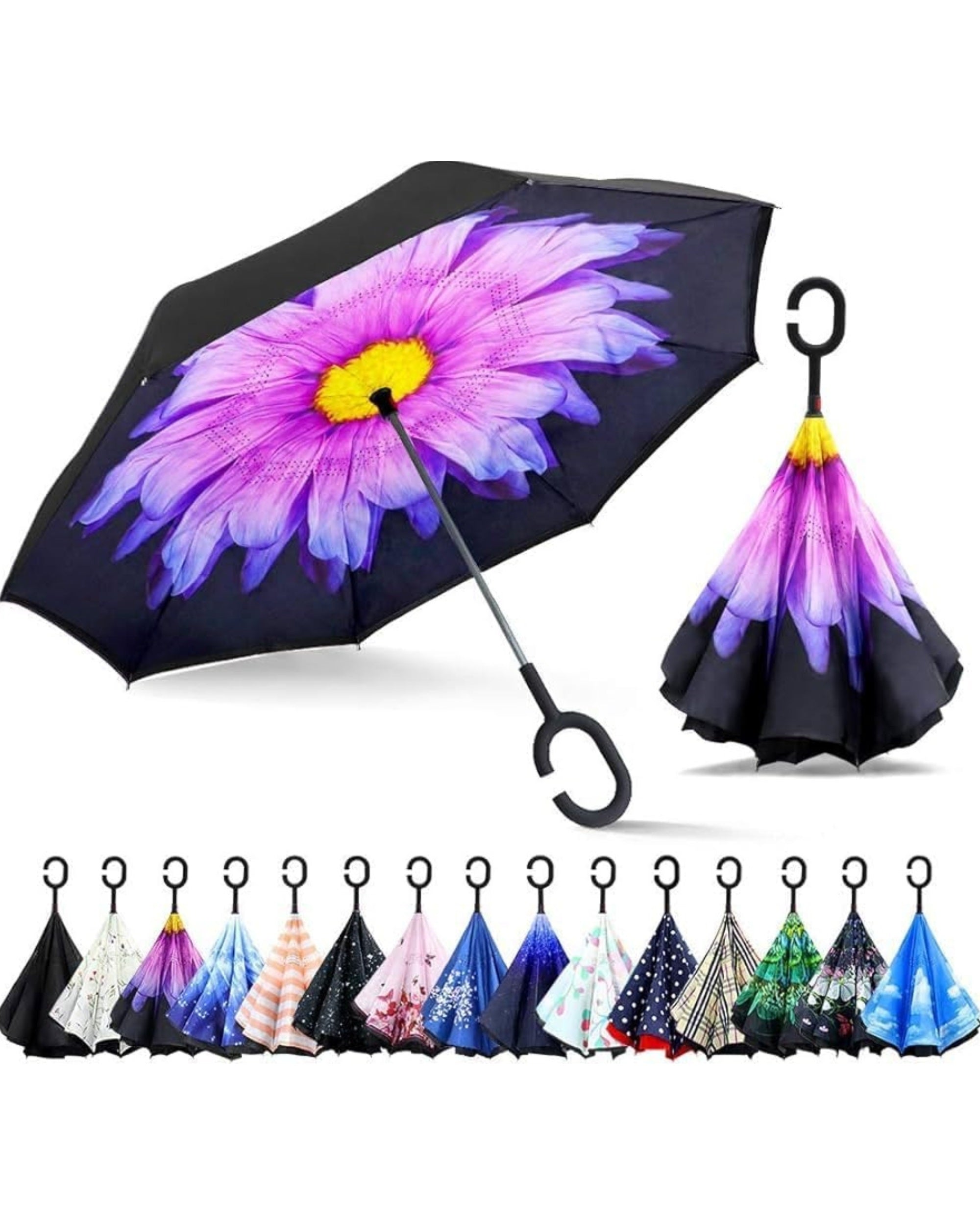 Upside Down® Inverted Umbrella with Flower Print – Windproof Double Layer Rain Protection with Hands-Free C-Shaped Handle | Reverse Closing Umbrella for Car, Travel & Daily Use