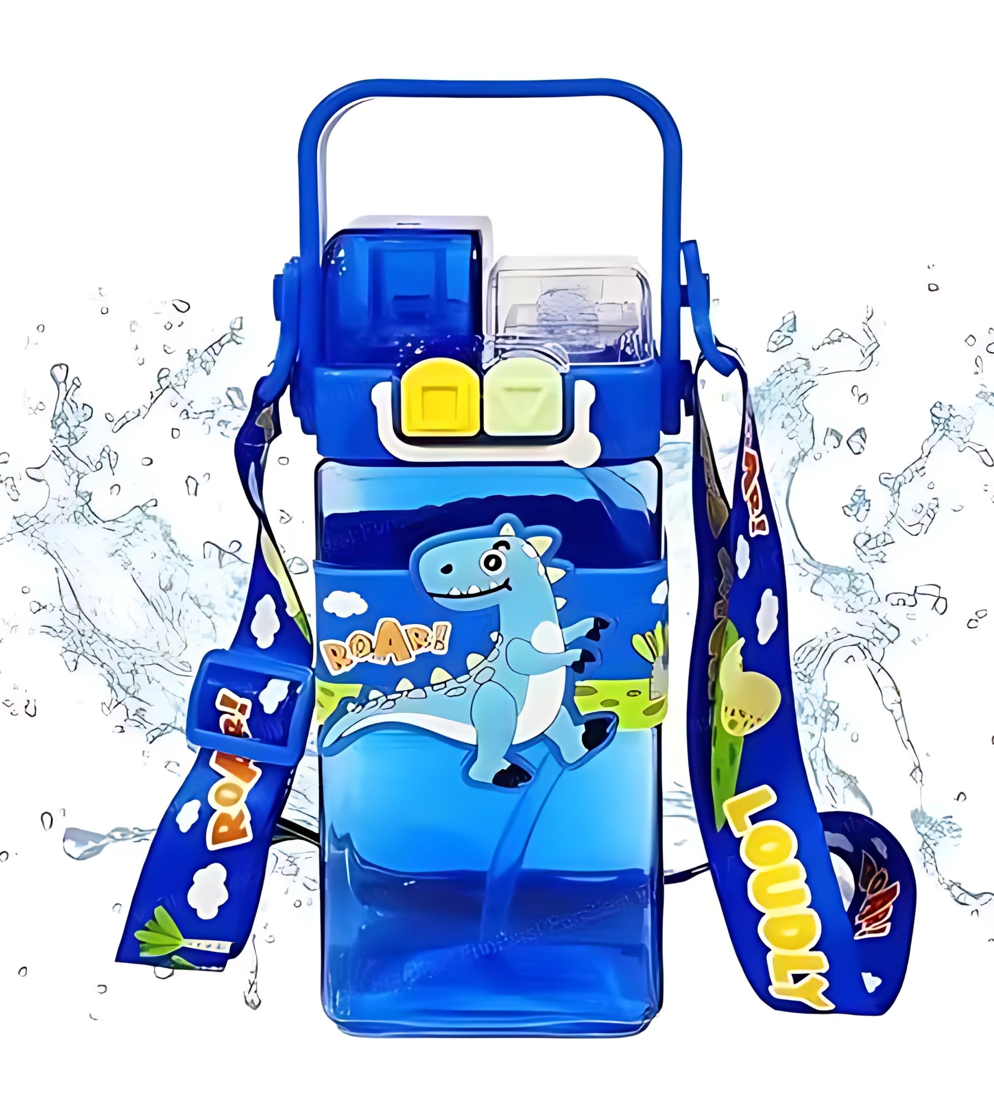 Premsons® Cute Dinosaur Dual-Chamber Water Bottle for Kids – BPA-Free, Leakproof, 2-in-1 Hydration Bottle with Strap – 520ml (Blue)