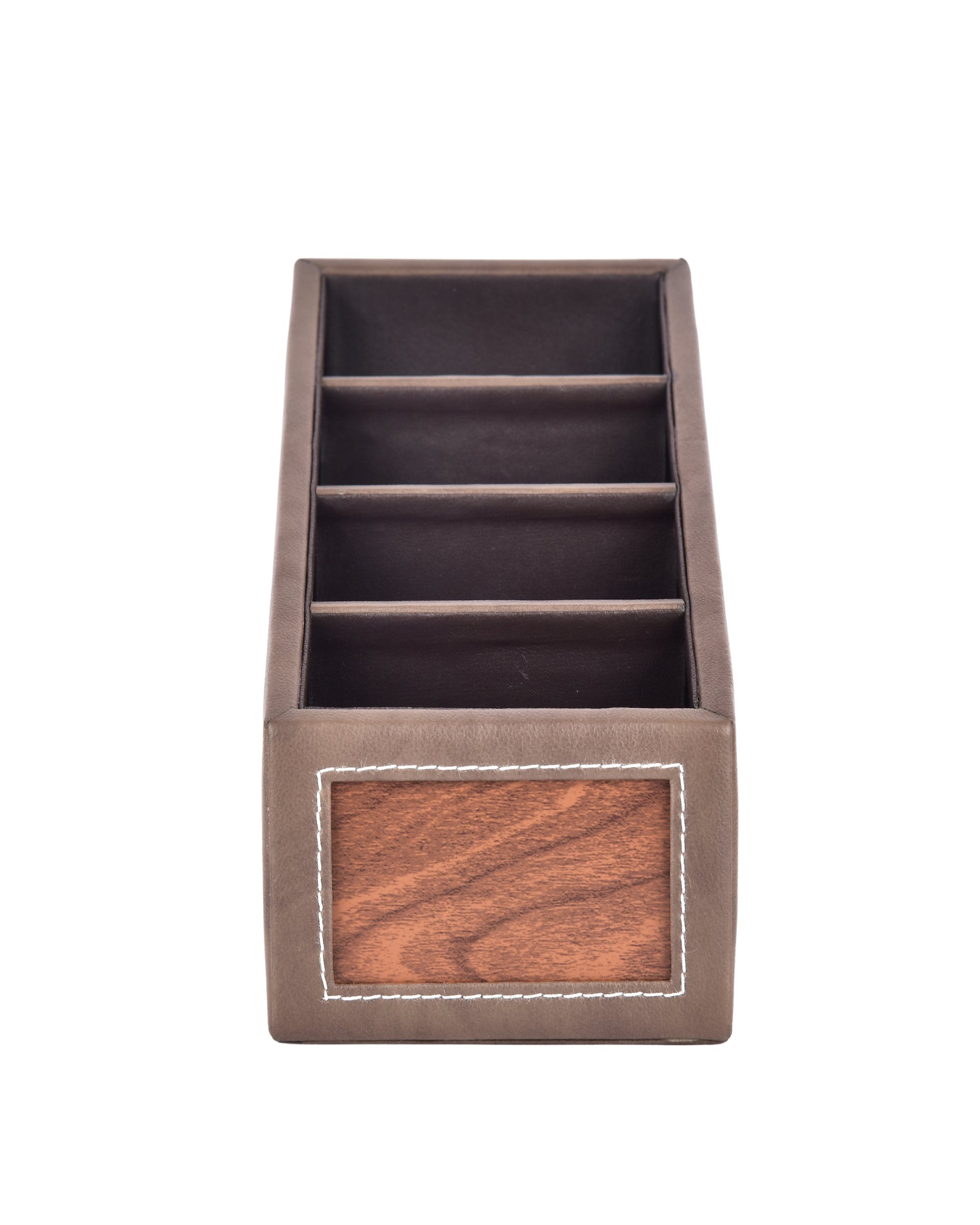 Premsons® Remote Holder Artificial Leather with Wooden Finish – 4 Section Tabletop Organizer for TV, AC & Office Desk Accessories – Compact & Stylish Storage Solution for Home & Office