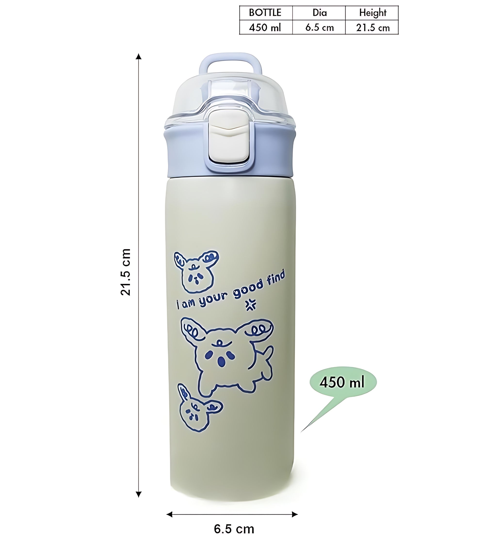 Premsons® 450ml Cute Cartoon Stainless Steel Water Bottle for Kids | BPA-Free, Leakproof & Durable | Flip-Top Lid with Safety Lock | Insulated & Travel-Friendly – Blue & Beige