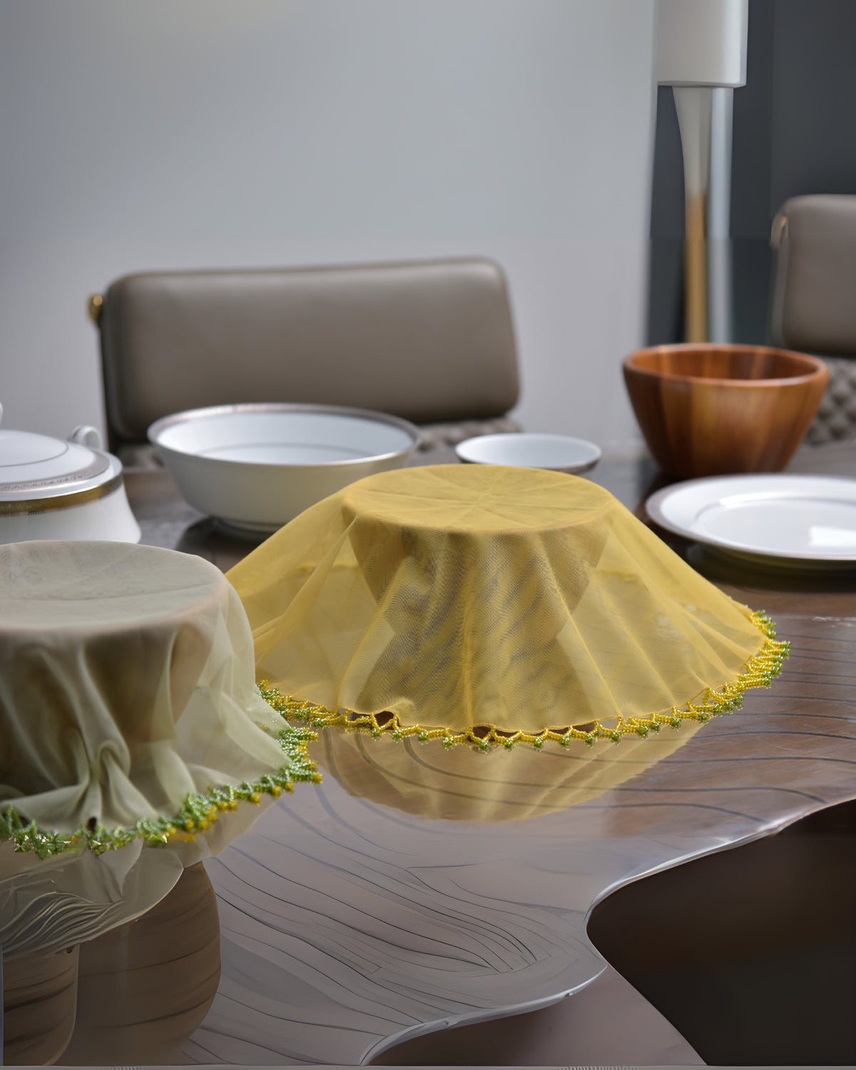 Decorative drink glass cover, yellow net with lace trim, cone-style