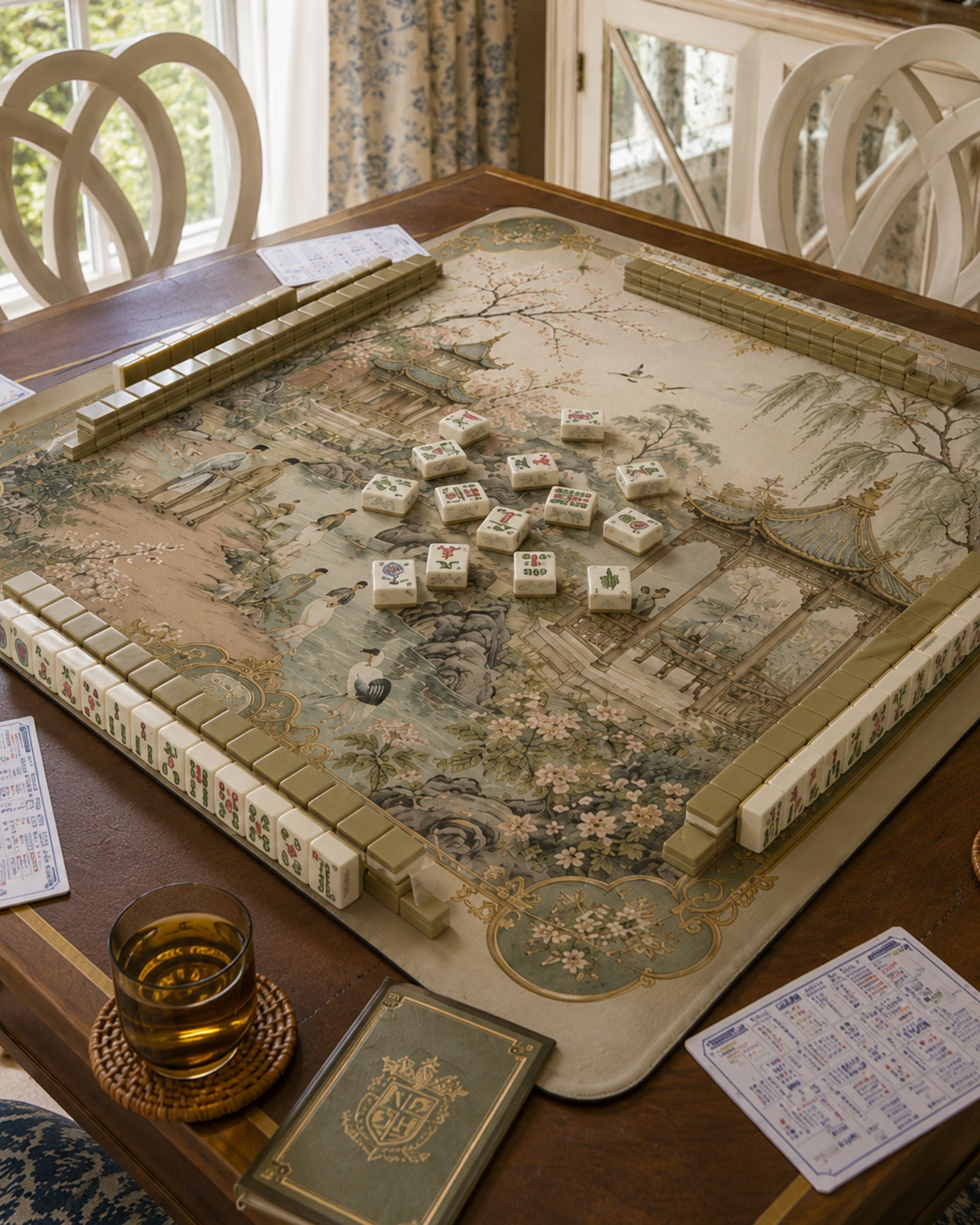 Premsons® Vintage Oriental Garden Mahjong Mat – Luxury Non-Slip Foldable Mahjong Table Cover with Pagoda & Cherry Blossom Design