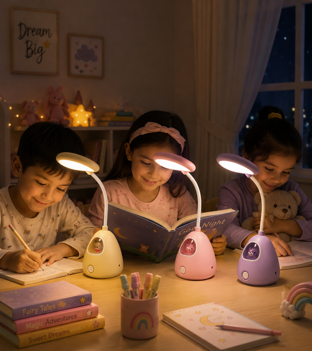 Kids LED reading lamps glowing on a desk during reading