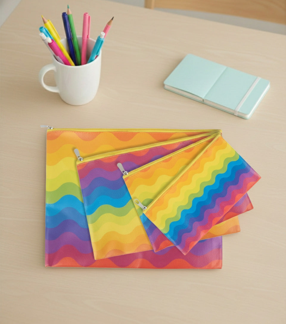 Premsons® Wavy Design Colourful Leatherette Pouch | Vibrant Wave Pattern, Premium Finish, Durable & Lightweight, Zip Closure, Multipurpose Storage