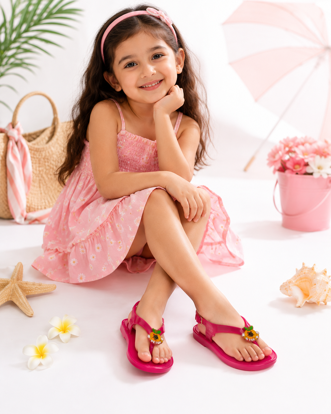 Pink jelly sandals with back strap and flower charm, worn by a smiling girl.