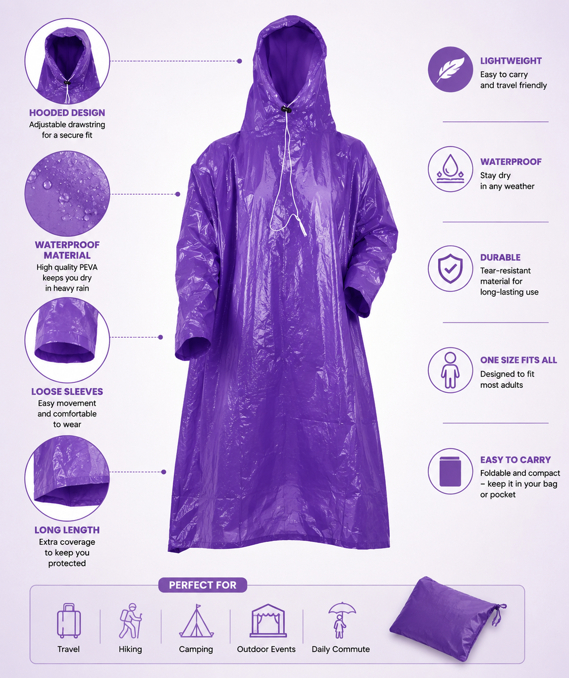 Purple rain poncho with adjustable hood and drawstring, long loose sleeves, packable pouch