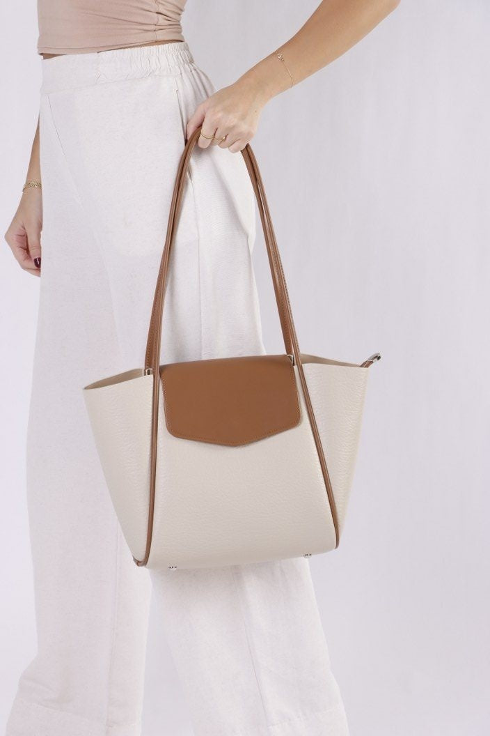 Eternia® Tweed Tote Shoulder Bag – Structured Vegan Leather Handbag (White & Brown)