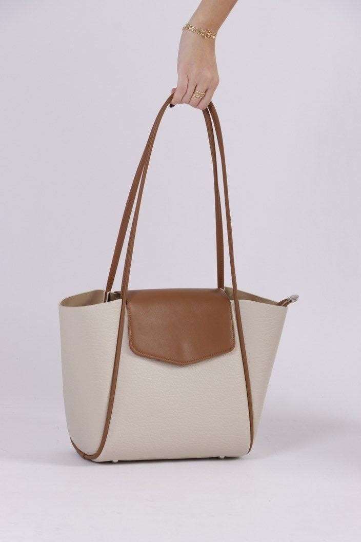 Eternia® Tweed Tote Shoulder Bag – Structured Vegan Leather Handbag (White & Brown)