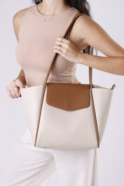 Eternia® Tweed Tote Shoulder Bag – Structured Vegan Leather Handbag (White & Brown)