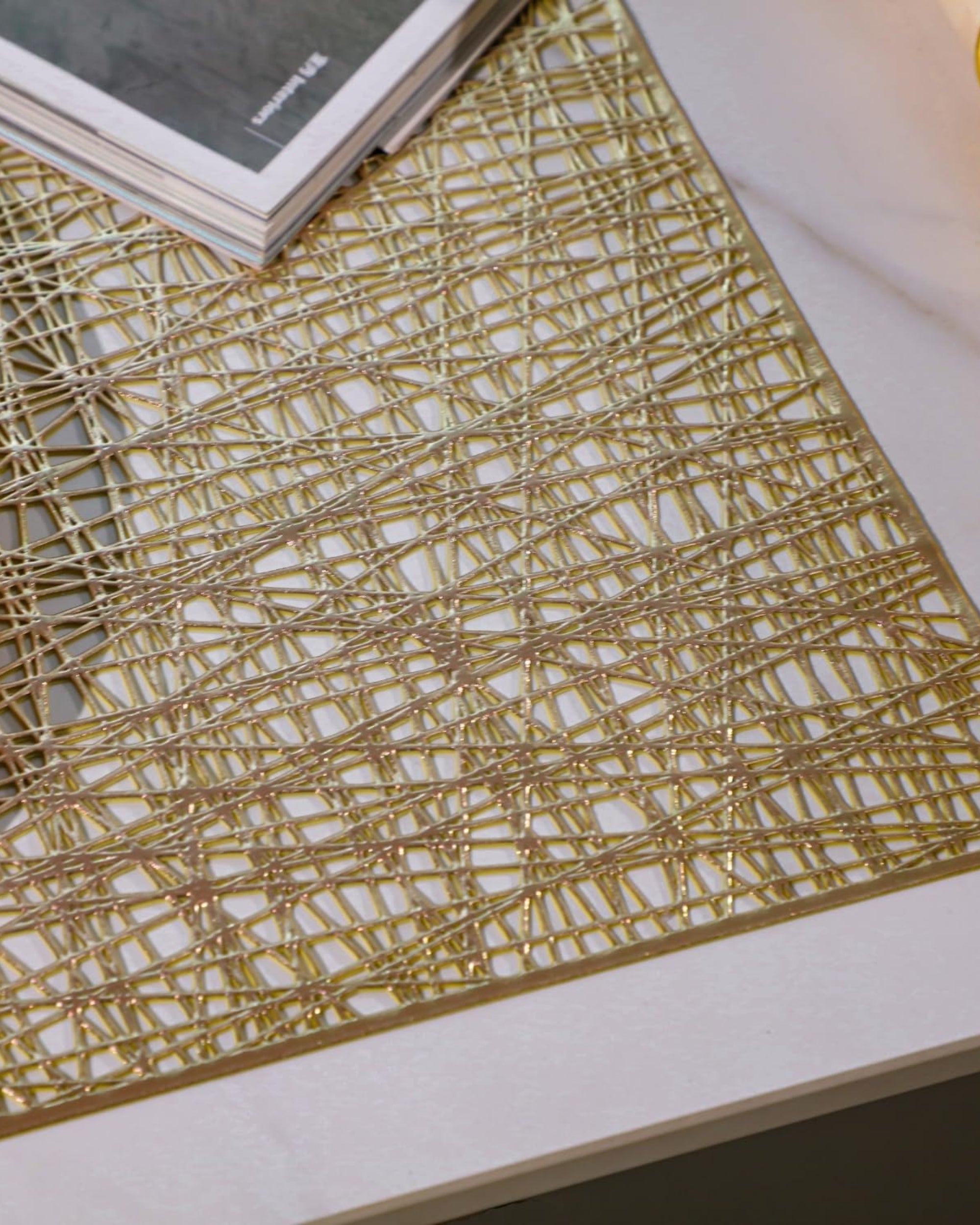 Premsons® Golden Mesh Design Rectangle Metallic Placemats – Washable, Wipeable, Non-Slip & Stain-Resistant Table Mats for Dining, Kitchen, Wedding & Party Décor