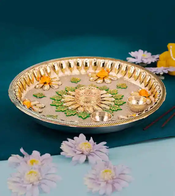 Premsons® Luxe Golden Pooja Thali – Gemstone & Pearl Encrusted Grandeur