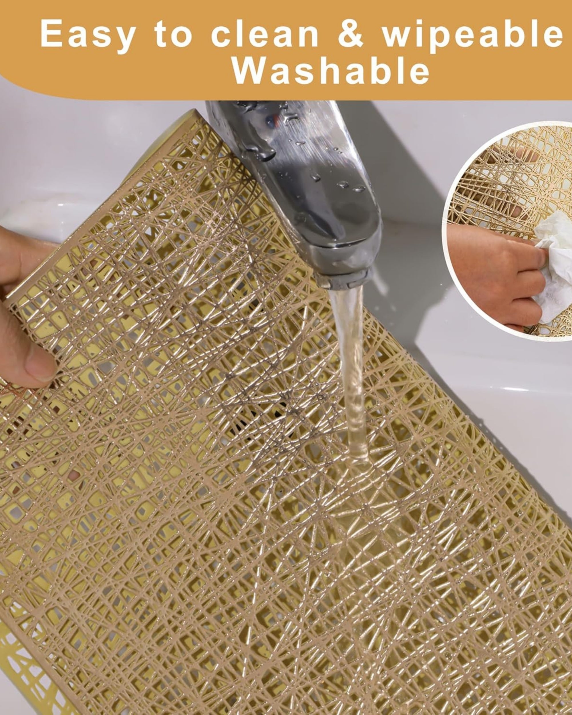 Premsons® Golden Mesh Design Rectangle Metallic Placemats – Washable, Wipeable, Non-Slip & Stain-Resistant Table Mats for Dining, Kitchen, Wedding & Party Décor
