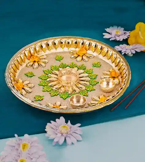 Premsons® Luxe Golden Pooja Thali – Gemstone & Pearl Encrusted Grandeur