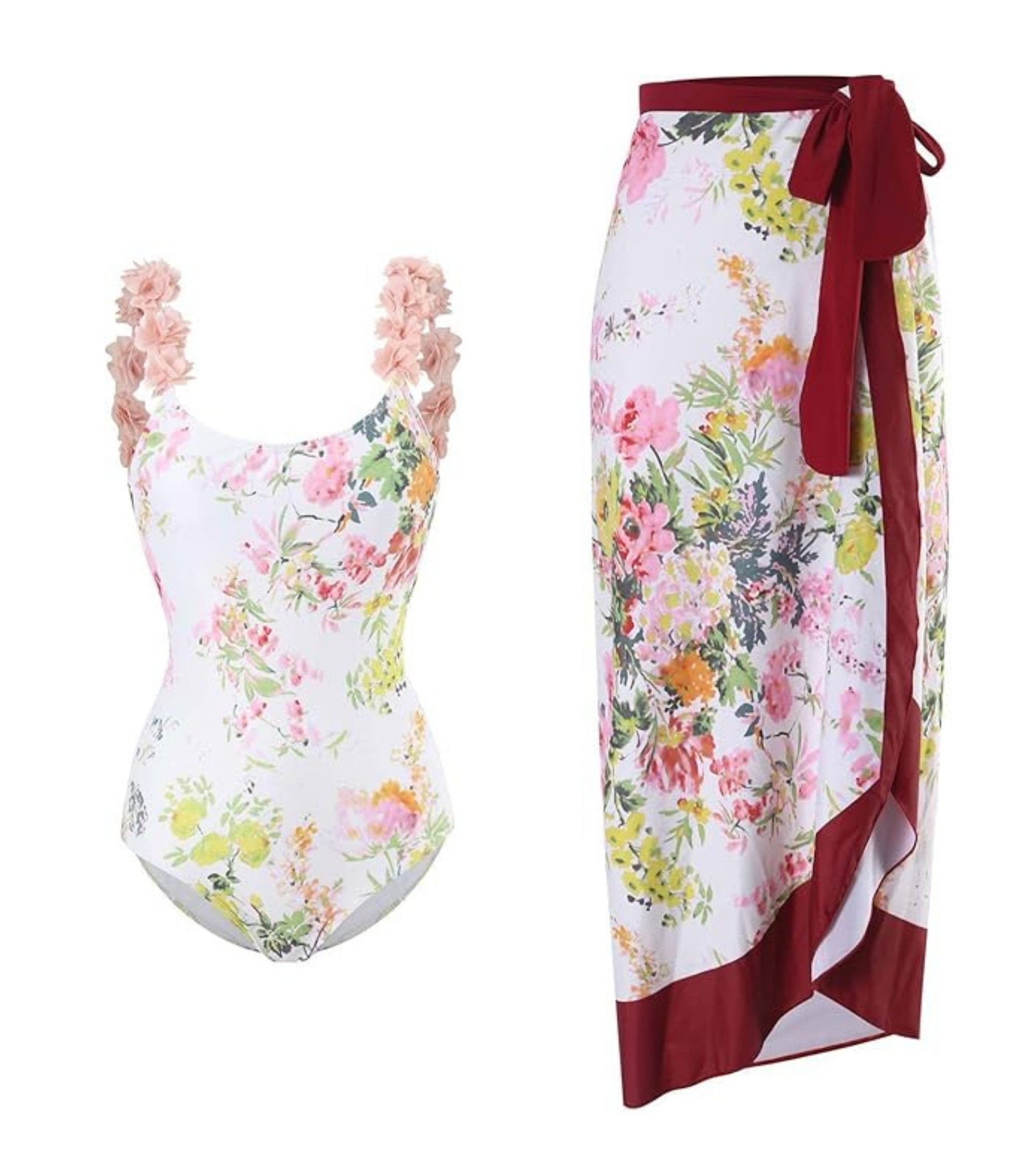 Premsons® 2-Piece Swimsuit Set – Deep V-Neck Printed Monokini with Tummy Control & Elegant Cover-Up Skirt for Beach, Pool & Vacation Wear