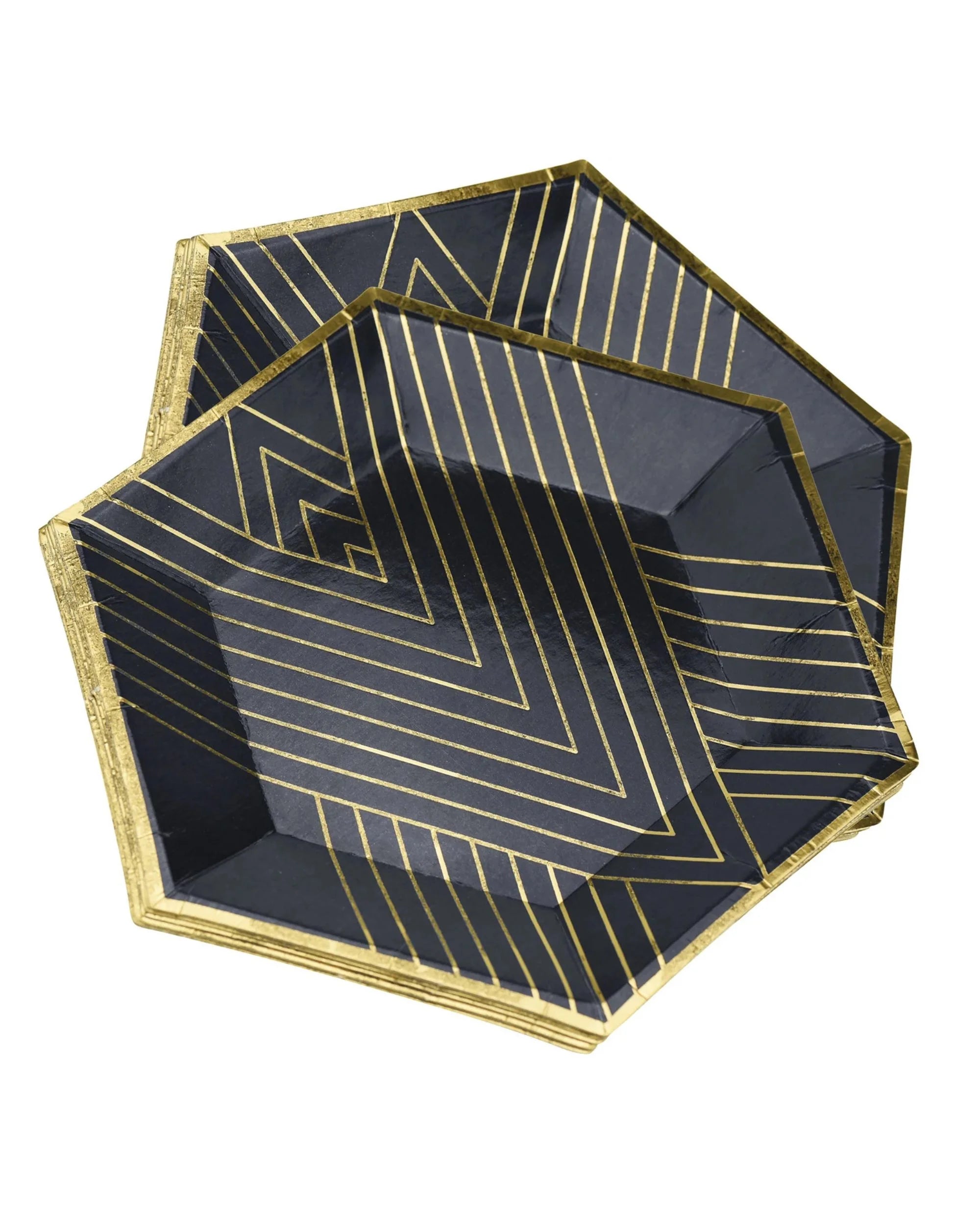 Premsons® 7-Inch Black Geometric Stripes with Gold Hexagon Large Paper Plates – Birthday, Wedding, Showers Disposable Decorative Party Plates – Pack of 10