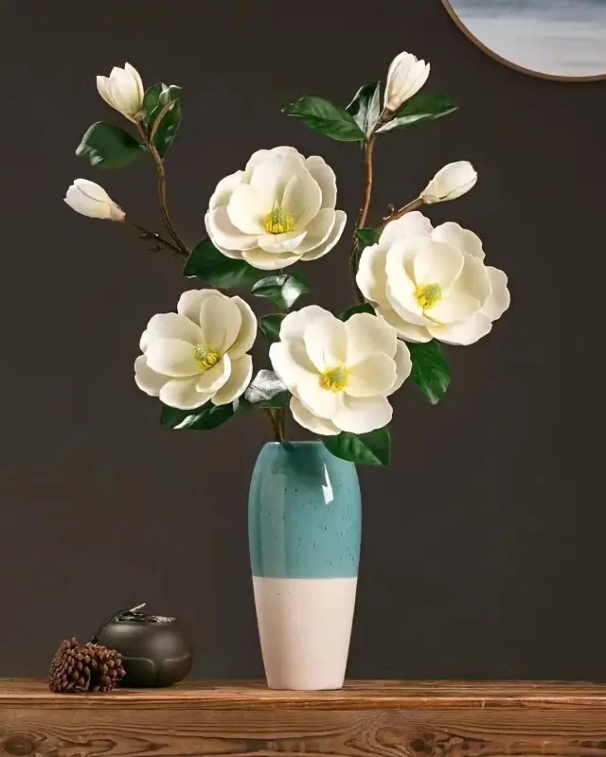 Premsons® Premium Magnolia Blossoms Flower Bunch – Elegant Artificial Blooms for Vases, Home Styling & Event Centerpieces - White