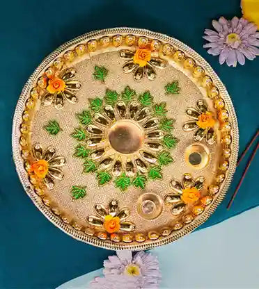 Premsons® Luxe Golden Pooja Thali – Gemstone & Pearl Encrusted Grandeur